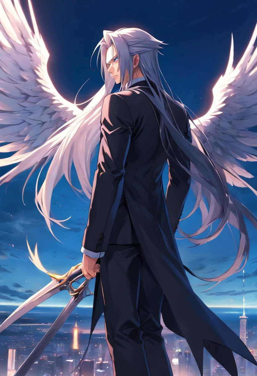 With incredibly detailed illustrations of Sephiroth in Final Fantasy、Black suit and wings staring at the horizon, full bodyesbian, incredible details, perfect shadow, dynamic background, Ultra-realistic drawing style.(Only one wing),Wings are white