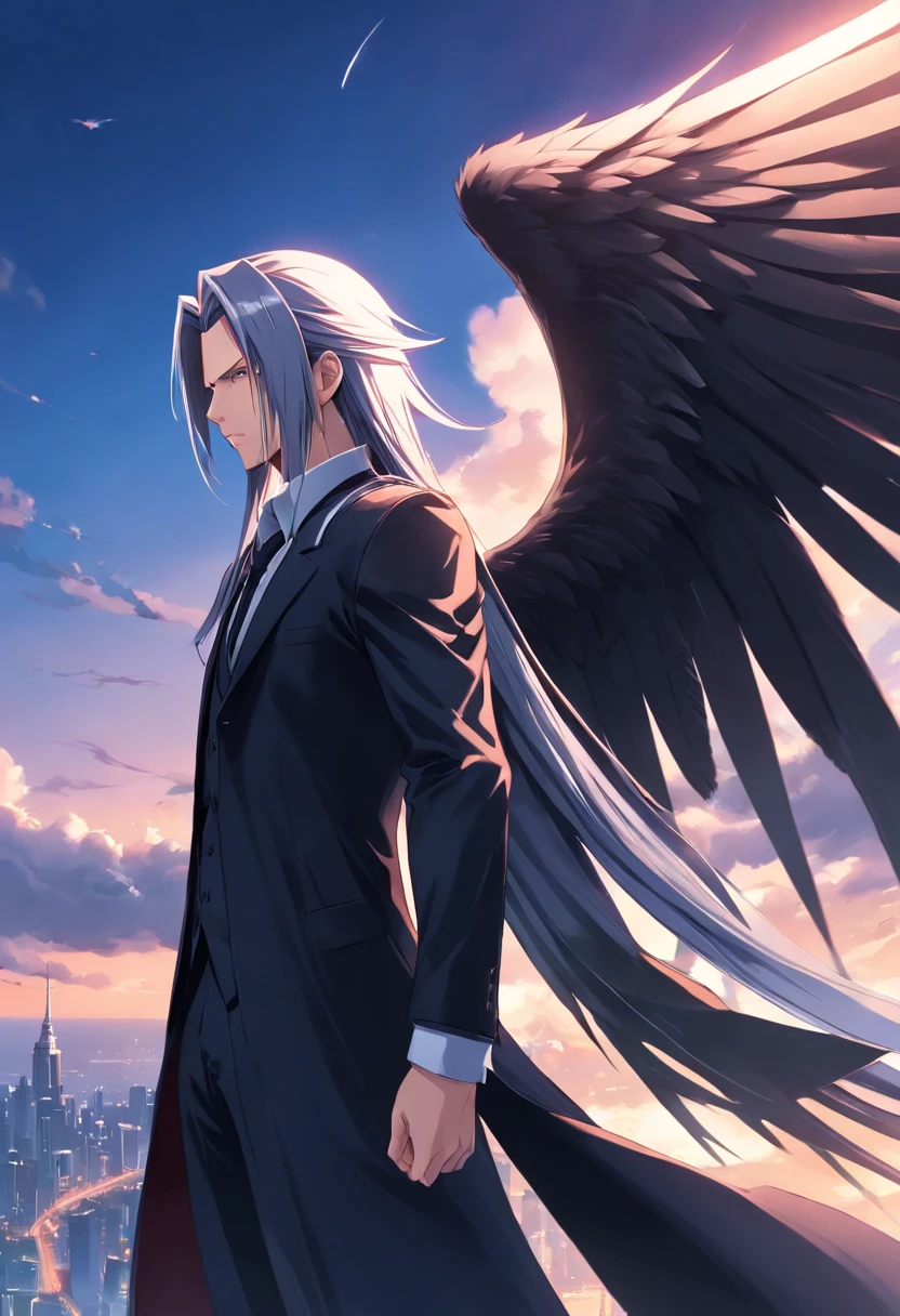 With incredibly detailed illustrations of Sephiroth in Final Fantasy、Black suit and wings staring at the horizon, full bodyesbian, incredible details, perfect shadow, dynamic background, Ultra-realistic drawing style.(Only one wing),Wings are white