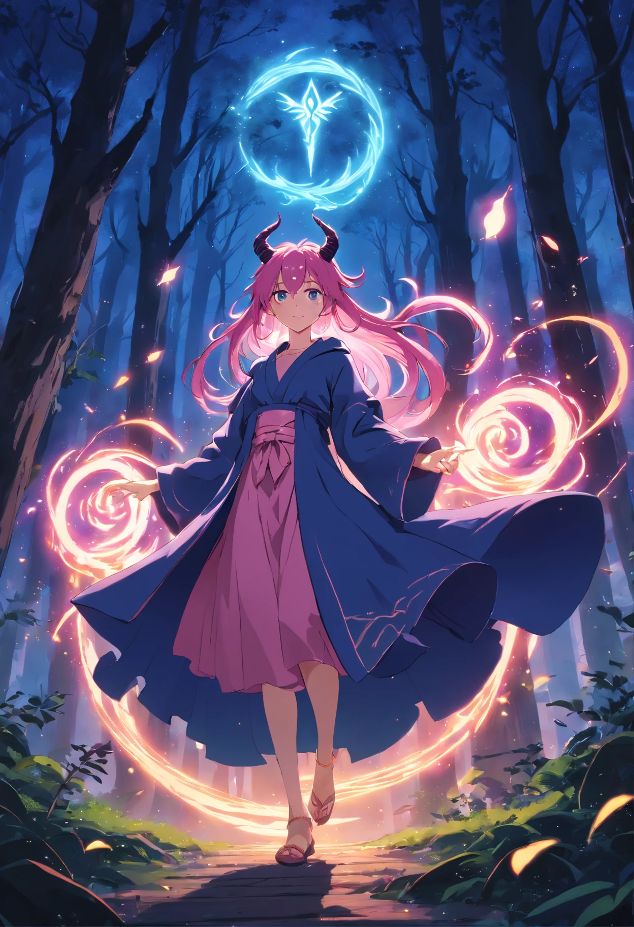 (a pink-haired demon woman,spells:1.1,glowing:1.1)(illustration)(best quality,ultra-detailed,realistic:1.37),demonic witch(demonic:1.1)(magic:1.1)(forest)(dark and mysterious,ominous atmosphere),casting powerful spells,creating magical energy(magic:1.1),vibrant pink hair(swirling pink hair)(flowing pink hair),horns(devil horns:1.1),piercing red eyes,enchanted scepter(magical scepter),elaborate dark robe,glowing magical sigils,fiery embers swirling(magical embers:1.1)(glowing embers),magical aura(glowing aura),eerie shadows,otherworldly presence(presence),sinister smile,nightfall in the background(dark night:1.1)(moonlit forest),lush and dense foliage(twisted trees)(mystical plants:1.1),mystical particles(swirling particles)(floating particles),ethereal glow(ethereal:1.1)(soft glow),faint moonlight breaking through the trees,haunting and captivating(scary atmosphere),bewitching beauty,wide range of colors(vivid colors)(contrasting colors),mystical realm,impressive details,dynamic composition,mesmerizing artwork,photorealistic style(picasso style),impressive shading and lighting,explosive energy,magical atmosphere(fantasy atmosphere),dreamlike scene