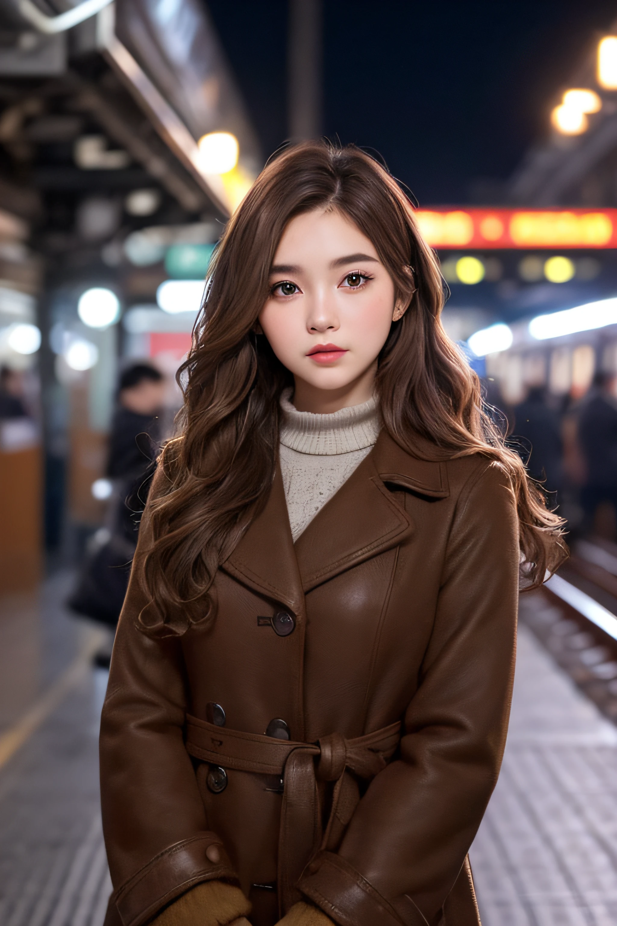 1womanl、Early 20s、(Strong-willed super beauty)、(ultra beautiful faces)、Wearing makeup、Wavy brown hair、Standing on the station platform in the big city at night、Background is a stationary train、Shallow depth of field