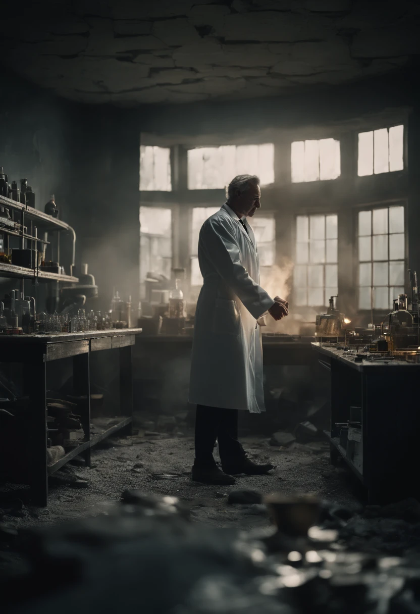 scientist in a destroyed lab