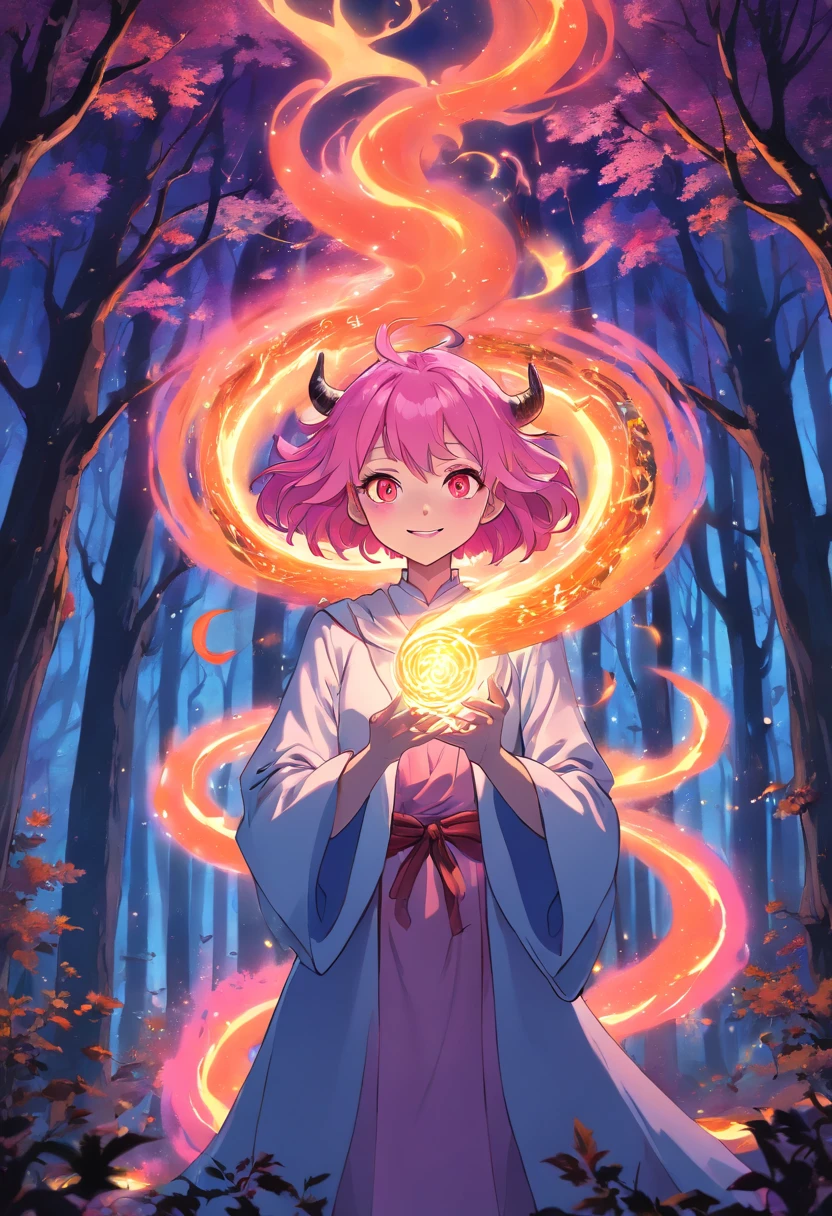 (a pink-haired demon woman,spells:1.1,glowing:1.1)(illustration)(best quality,ultra-detailed,realistic:1.37),demonic witch(demonic:1.1)(magic:1.1)(forest)(dark and mysterious,ominous atmosphere),casting powerful spells,creating magical energy(magic:1.1),vibrant pink hair(swirling pink hair)(flowing pink hair),horns(devil horns:1.1),piercing red eyes,enchanted scepter(magical scepter),elaborate dark robe,glowing magical sigils,fiery embers swirling(magical embers:1.1)(glowing embers),magical aura(glowing aura),eerie shadows,otherworldly presence(presence),sinister smile,nightfall in the background(dark night:1.1)(moonlit forest),lush and dense foliage(twisted trees)(mystical plants:1.1),mystical particles(swirling particles)(floating particles),ethereal glow(ethereal:1.1)(soft glow),faint moonlight breaking through the trees,haunting and captivating(scary atmosphere),bewitching beauty,wide range of colors(vivid colors)(contrasting colors),mystical realm,impressive details,dynamic composition,mesmerizing artwork,photorealistic style(picasso style),impressive shading and lighting,explosive energy,magical atmosphere(fantasy atmosphere),dreamlike scene