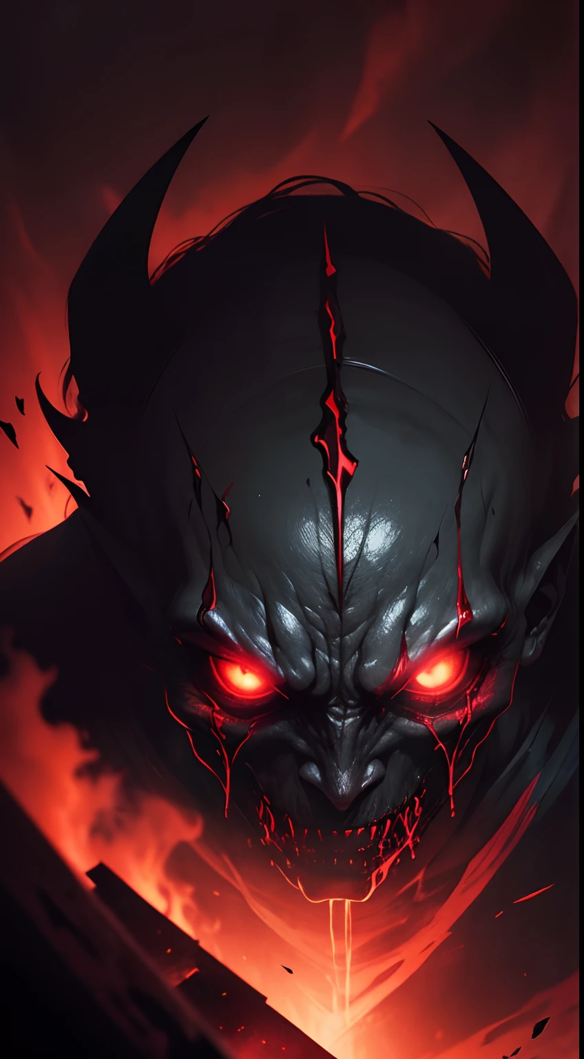 (masterpiece), (image cover), a creepy demonic shadow, its dark, glowing red eyes, night time, fall weather, horror, demonic, evil, hell,
