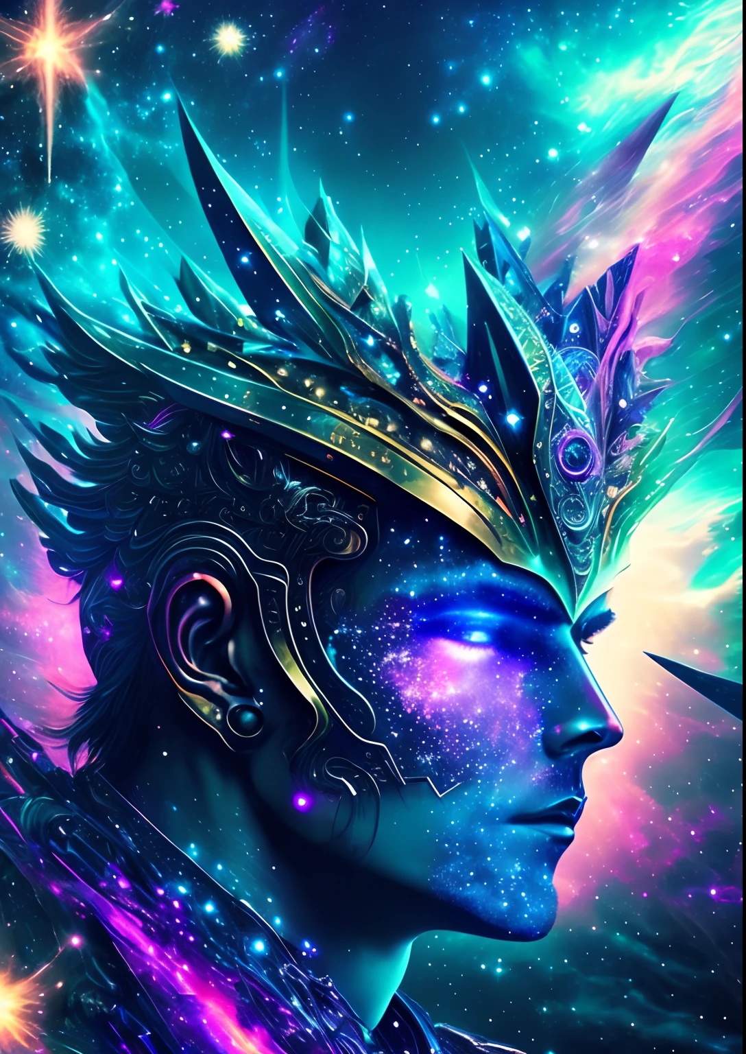 dreamlikeart, galaxy, outer space, nebula, star, [cyberpunked] Brahma 4 pages from the stars. (star:1.5),