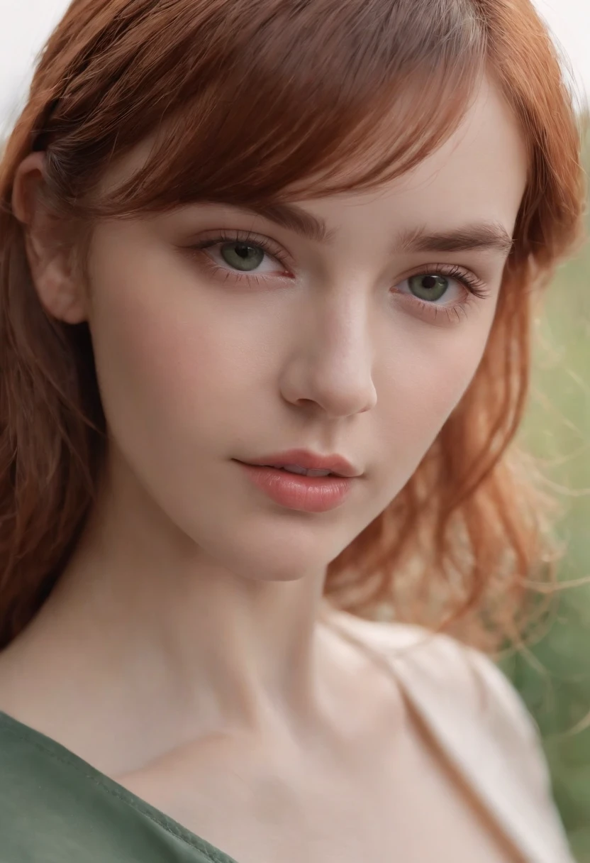 melhor qualidade, obra prima, uma imagem super realista, ultra detalhada, pele com textura realista, 4K分辨率, obro prima, fotografia profissional, Make a realistic image of a 20-year-old girl with straight red hair and bangs, de olhos verdes, bonita e rosto meigo, usando uma blusa branca justa ao corpo com casaco cardigam primavera outono na cor rosa chiclete por cima,