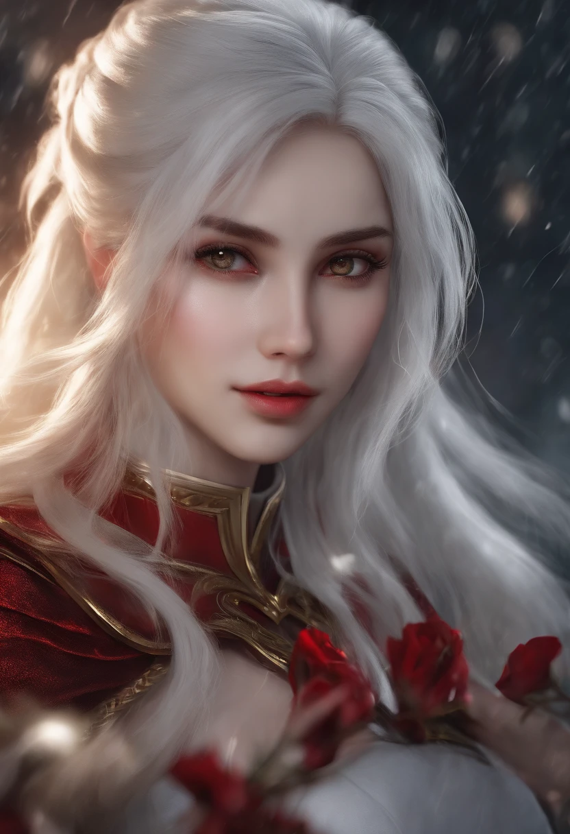 masterpiece, best quality, extremely detailed, cinematic lightning, intricate detail, highres, official art, finely detailed beautiful face and eyes, high resolution illustration, 8k, depth of field, bokeh, solo, 1boyl, a girwith white hair and red eyes, long white hair, beautiful red eyes, beautiful landscape, rainy city, upper body, looking at viewer, close up