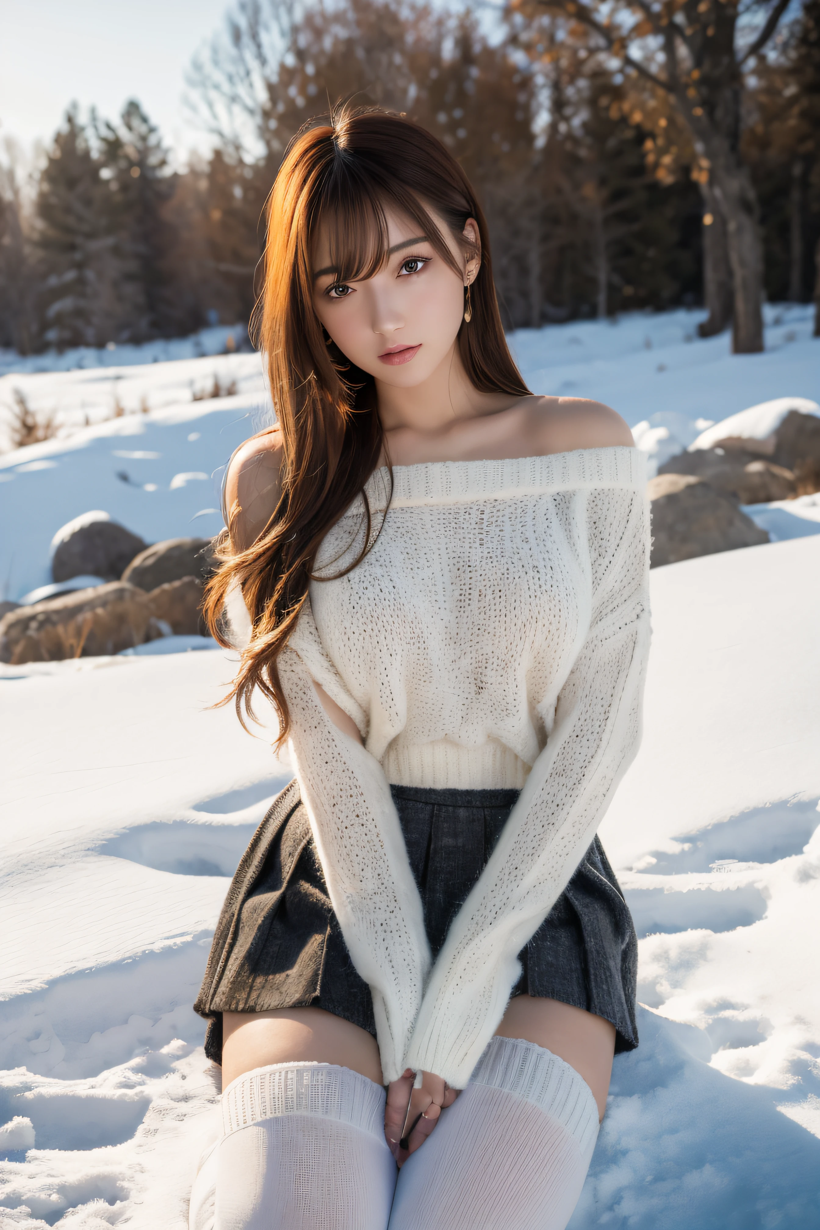 (RAW photo) Winters,snow landscape,a girl wearing an orange shoulder-length sweater and (flared skirt), and (over-the-knee stockings),(medium breasts), long hair, lacepantyhose, white underwear, Random color,long sweater,depth of fields,Real light,Ray traching,OC renderer,UE5 renderer,Hyper-realistic,best qualtiy,8K,Works of masters,super-fine,Detailed pubic hair,Correct anatomy.