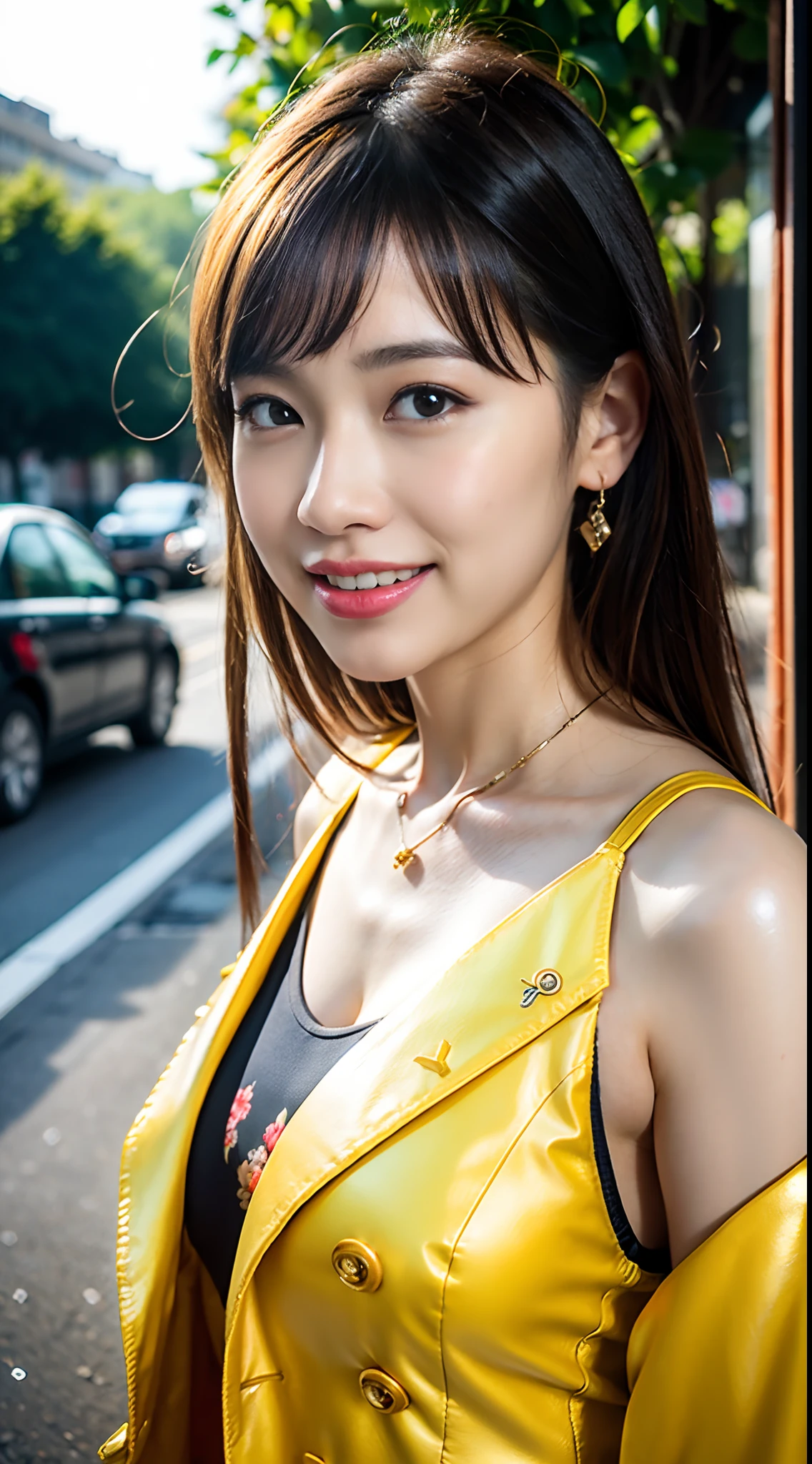 Asian Women, (8K、RAW Photos、top-quality、​masterpiece:1.2)、(realisitic、Photorealsitic:1.37)、25-years old、女の子1人、Light brown hair、详细的脸、Detailed lips、detailedeyes、(huge-breasted:1.5)、Alafed Women, Highly detailed CG Unity 8k wallpaper, of the highest quality, masutepiece, Realistic, photographrealistic, cleavage , Smile, Parted lips、((Solo))、bangss,blondehair,cowboy  shot、耳Nipple Ring, jaket, jewely, a necklace, Longhaire, ((shortpants, Yellow jacket, Tank top with floral print)),Sharp details, intricate detailes, A hyper-realistic, Digital Enhancement,3D References, over exposure,foco nítido, nffsw、Detailed clean skin、Walking on the streets