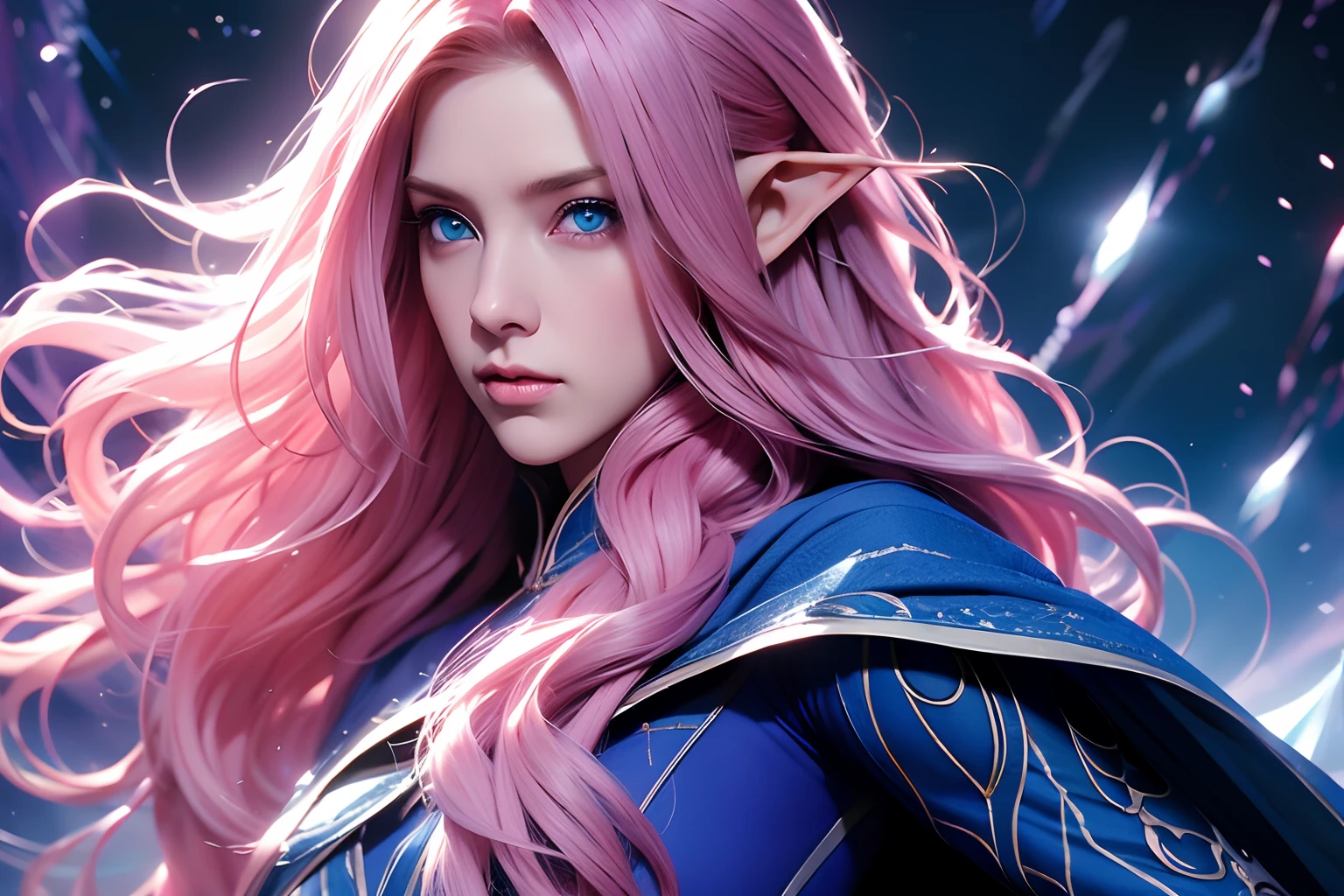 a woman, long curly hair, pink hair, blue eyes, elf, magic, Powers, star, Dark clothes, Dark, combat stance, fight, ice, ice powers