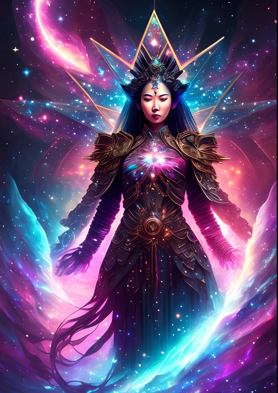 dreamlikeart, galaxy, outer space, nebula, star, [cyberpunked] Guan Yin from the stars. (star:1.5),