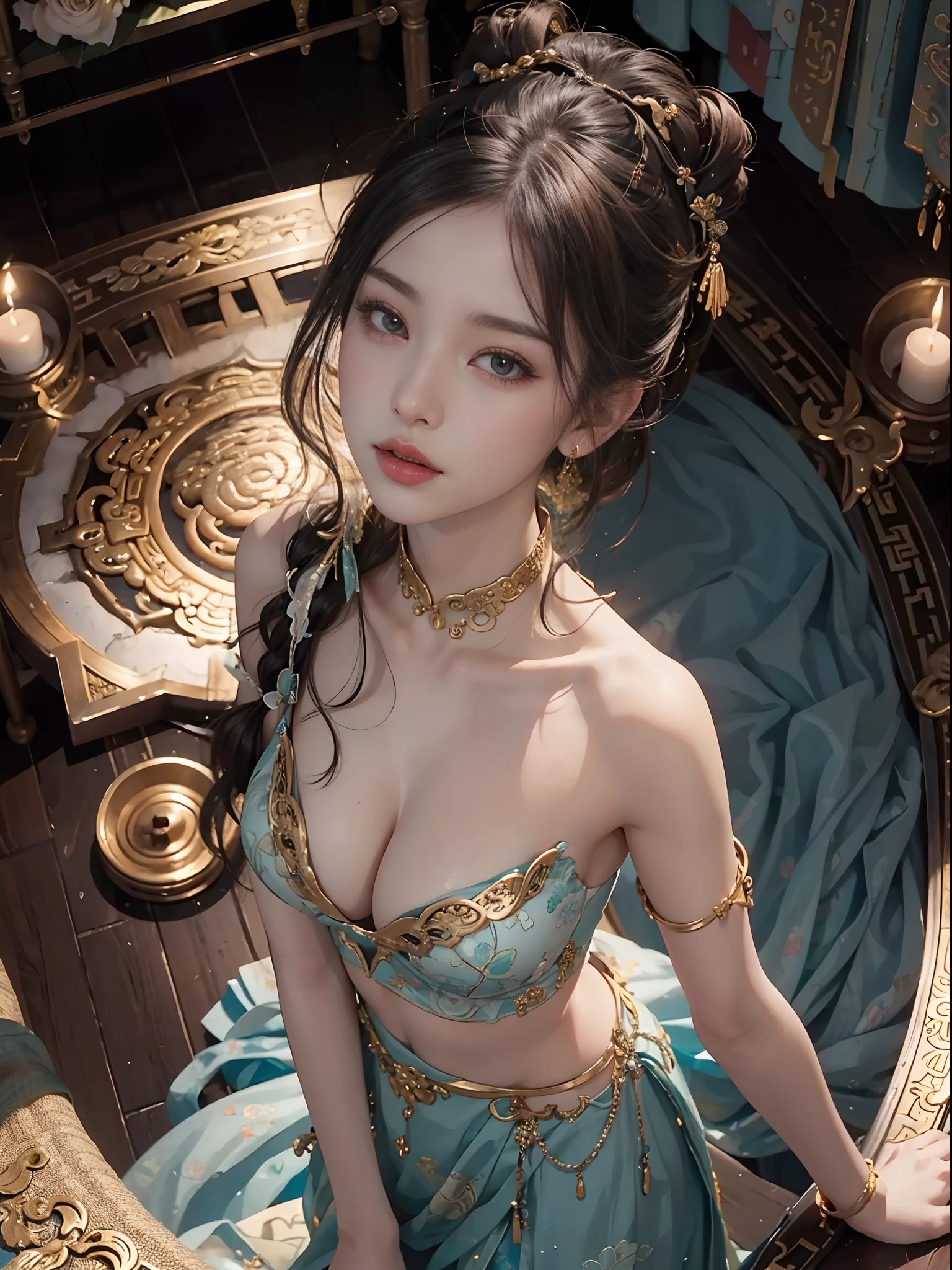 (From the outside) , many color,Best quality at best,8K,real photograph,Delicate skin details,tmasterpiece,photograph of-realistic,Complicated details,RAW photogr,florals,Gorgeous cheongsam,Extra-long hair,cropped shoulders,delicated face,Expose cleavage,decorations,Perfect Finger,Dissection is correct,(Huge room,0.8),big cuvy hips,Taken from above,shiny skins
