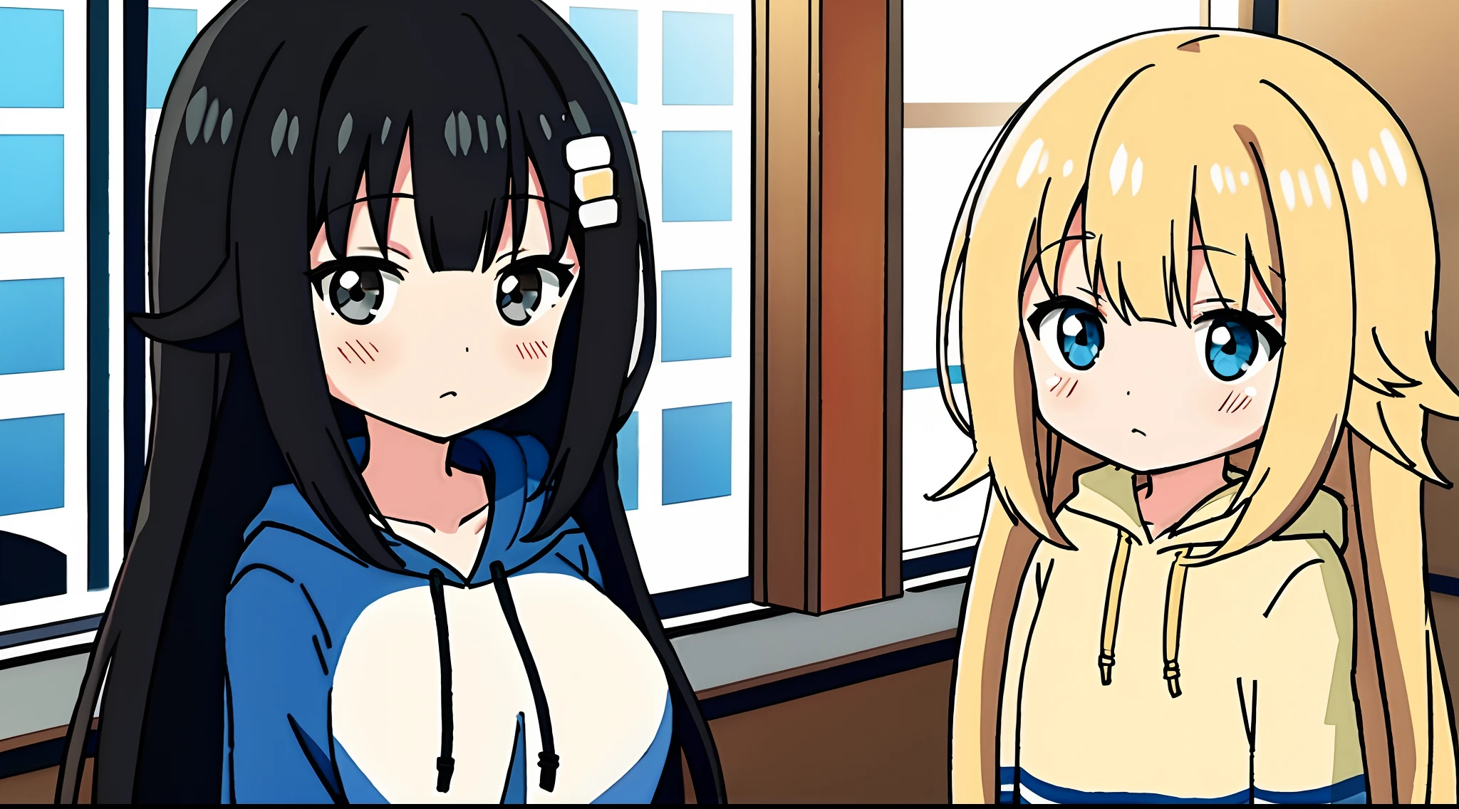 long whitr hair,hoody,anime big breast,(5 years old 1 girl)(adolable)is shy,(Black color hair), By bangs,face to the viewer