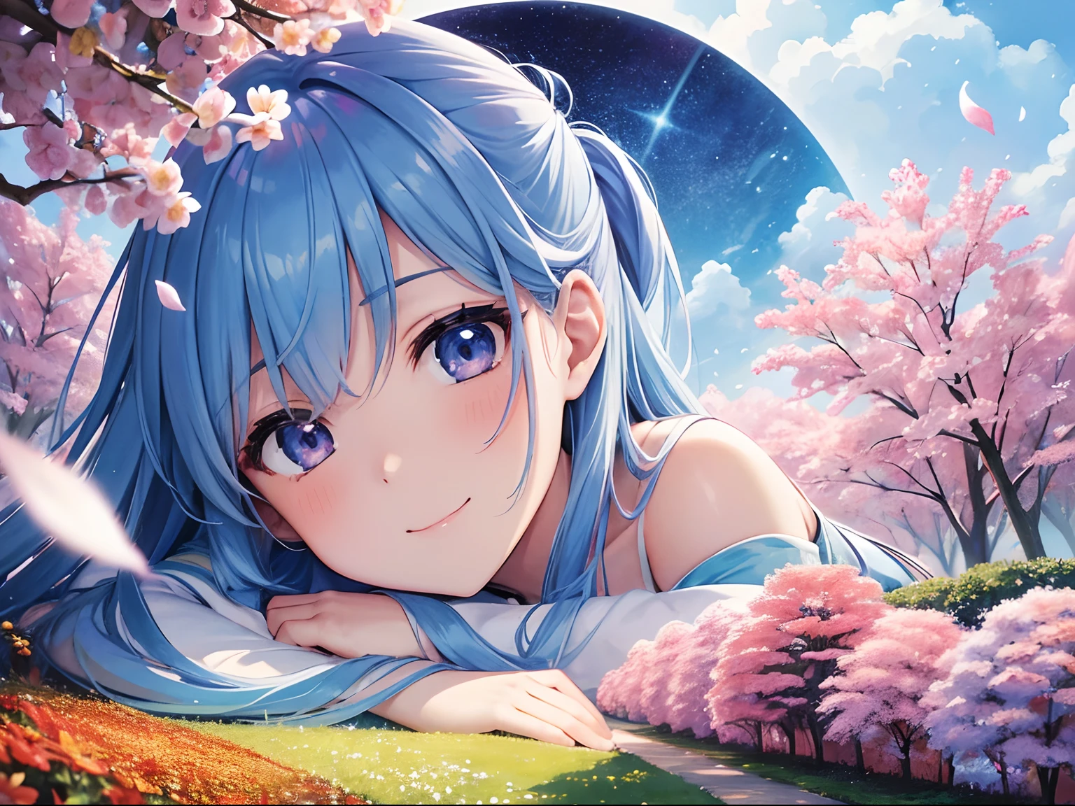 (hight resolution、ultra-detailliert、nffsw、movie)、独奏、1girl in、Happiness、Girl Standing In Cosmos Flower Garden、Girl around the petals、A charming smile、full body Esbian、Long-haired girl with blue hair、lightblue hair、facing front、Fantasia、Official art、pop-art、profile、hyperdetailed face、ultradetailed eyes、Cosmos Flower Garden、Ultra Detailed Fields、White blue sky、 shuicolor、blanche、Nebulae in the sky、Landscape of autumn leaves、watercolor paiting、PastelColors
