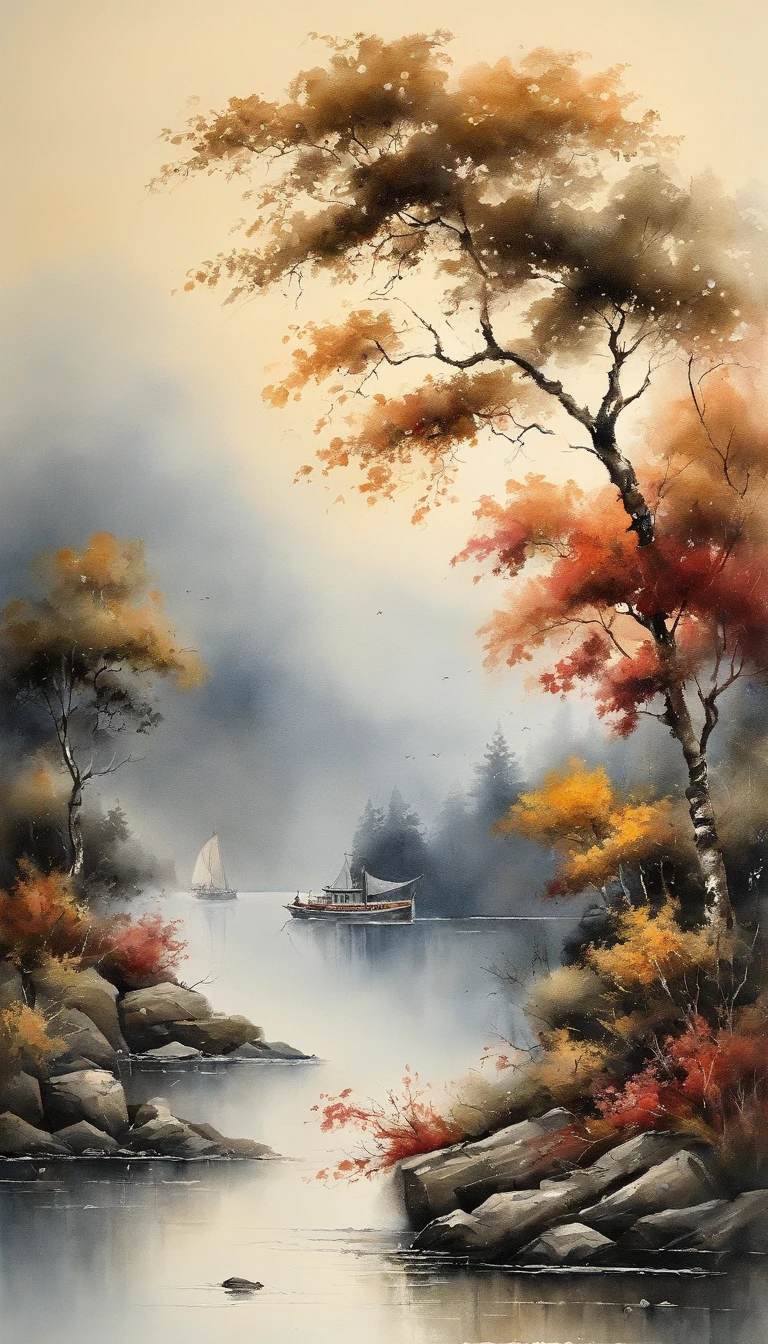landscape painting，ink and watercolor painting，water ink，ink，Smudge，Faraway view，Ultra-wide viewing angle，Meticulous，Light boat in the distance，Faraway view，Meticulous，the trees，Smudge，low-saturation，Low contrast，The light boat has crossed the Ten Thousand Heavy Mountains，Beautifully depicted，A detailed，acurate，Works of masters，tmasterpiece