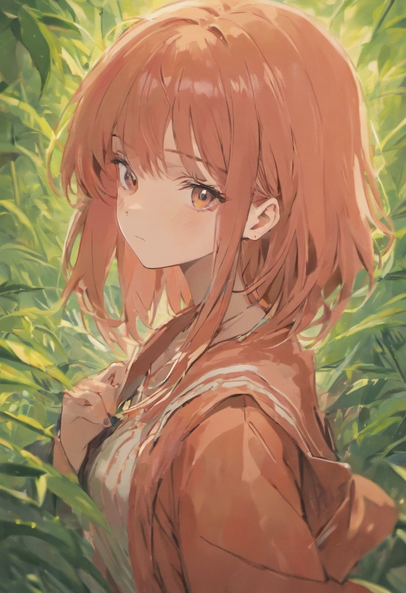 melhor qualidade, obra prima, uma imagem super realista, ultra detalhada, pele com textura realista, 4K分辨率, obro prima, fotografia profissional, Make a realistic image of a 20-year-old girl with straight red hair and bangs, de olhos verdes, bonita e rosto meigo, usando uma blusa branca justa ao corpo com casaco cardigam primavera outono na cor rosa chiclete por cima,