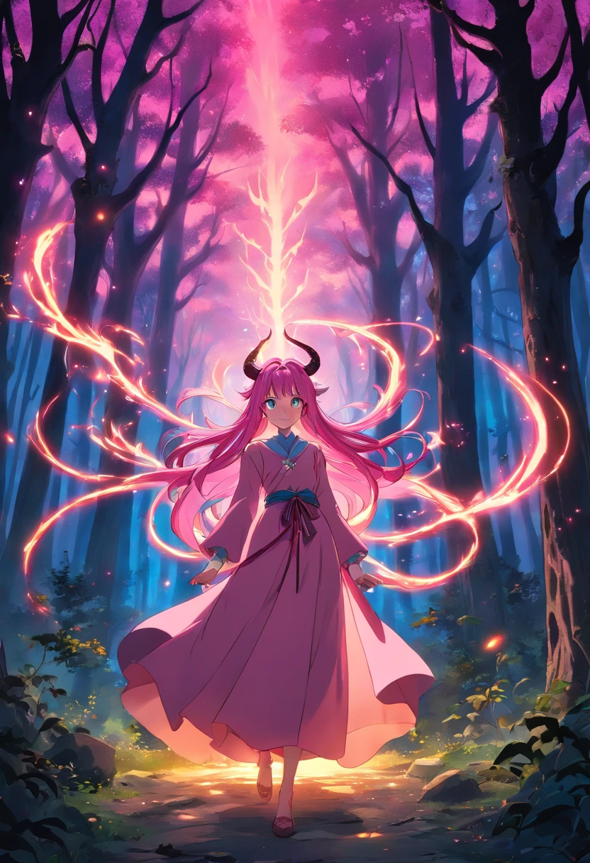 (a pink-haired demon woman,spells:1.1,glowing:1.1)(illustration)(best quality,ultra-detailed,realistic:1.37),demonic witch(demonic:1.1)(magic:1.1)(forest)(dark and mysterious,ominous atmosphere),casting powerful spells,creating magical energy(magic:1.1),vibrant pink hair(swirling pink hair)(flowing pink hair),horns(devil horns:1.1),piercing red eyes,enchanted scepter(magical scepter),elaborate dark robe,glowing magical sigils,fiery embers swirling(magical embers:1.1)(glowing embers),magical aura(glowing aura),eerie shadows,otherworldly presence(presence),sinister smile,nightfall in the background(dark night:1.1)(moonlit forest),lush and dense foliage(twisted trees)(mystical plants:1.1),mystical particles(swirling particles)(floating particles),ethereal glow(ethereal:1.1)(soft glow),faint moonlight breaking through the trees,haunting and captivating(scary atmosphere),bewitching beauty,wide range of colors(vivid colors)(contrasting colors),mystical realm,impressive details,dynamic composition,mesmerizing artwork,photorealistic style(picasso style),impressive shading and lighting,explosive energy,magical atmosphere(fantasy atmosphere),dreamlike scene