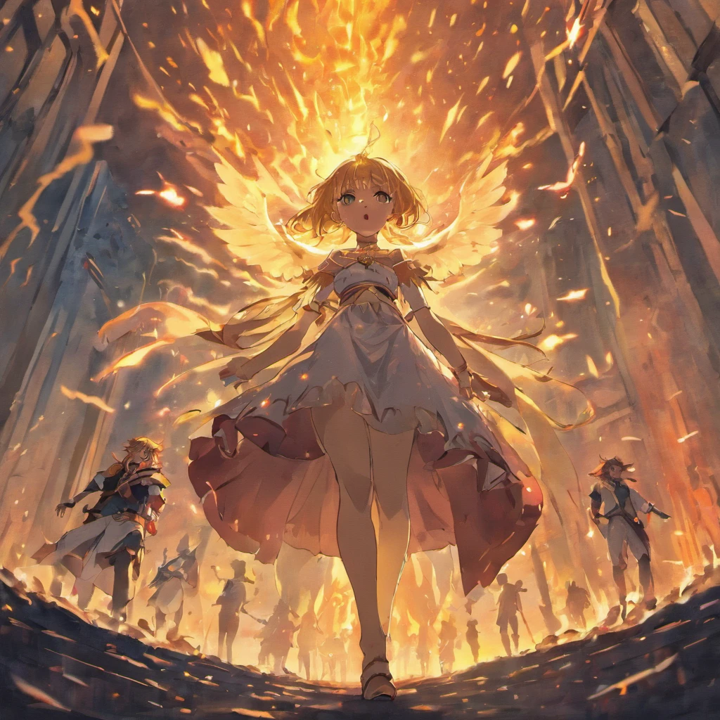 Crie uma imagem de um homem velho, of biblical times, com dois anjos o acompanhando, next to this man two beautiful young women and behind everyone, fireballs falling from the sky, destruindo uma cidade em chamas, essa imagem deve ser realista, como de cinema, cena de final dos tempos