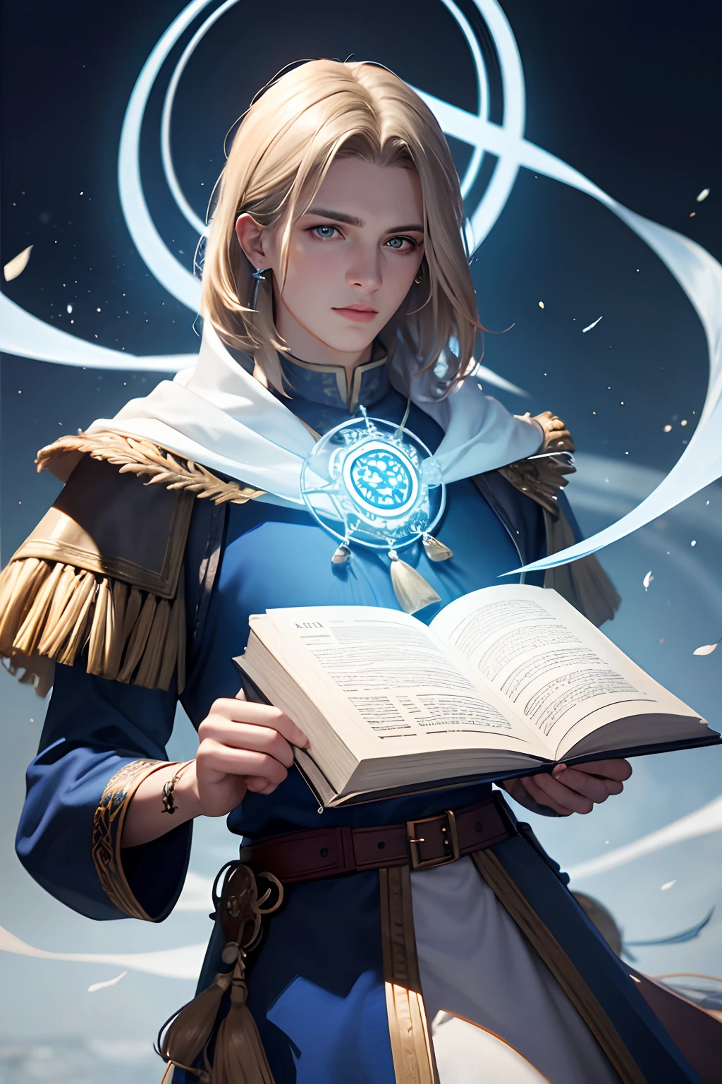 masterpiece, best quality, photorealistic , mage, mage outfit, , magic circle ,male_focus, tassel, leyendo, con ojos blancos, mirando el linbro, simbolos flotanndo en forma de circulo en la espalda.