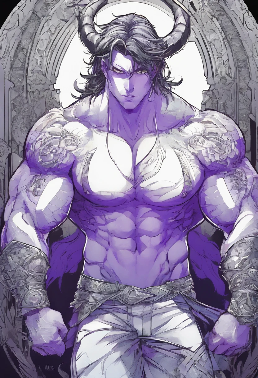 (((1boy))) (male) ((front view)) ((facing viewer))
Handsome, very detailed flawless face, detailed open blue eyes, very handsome, epic, heroic, pale skin, shaved.
(muscular) bodybuilder, ((big muscles)), ((large pectorals)), narrow waist, ((Very, very long hair, in a mullet cut, purple and blue gradient)),
seductive smile, Realistic face, realistic eyes, topless, mismatched pupils, Swear,
((((Almost naked)))), illidan, beast horns, full body, muscular legs, beefy ass, pubic hair, fender,
Highly detailed art, dramatic volumetric light, artstation, beautiful modern illustration, ((anatomically correct)).