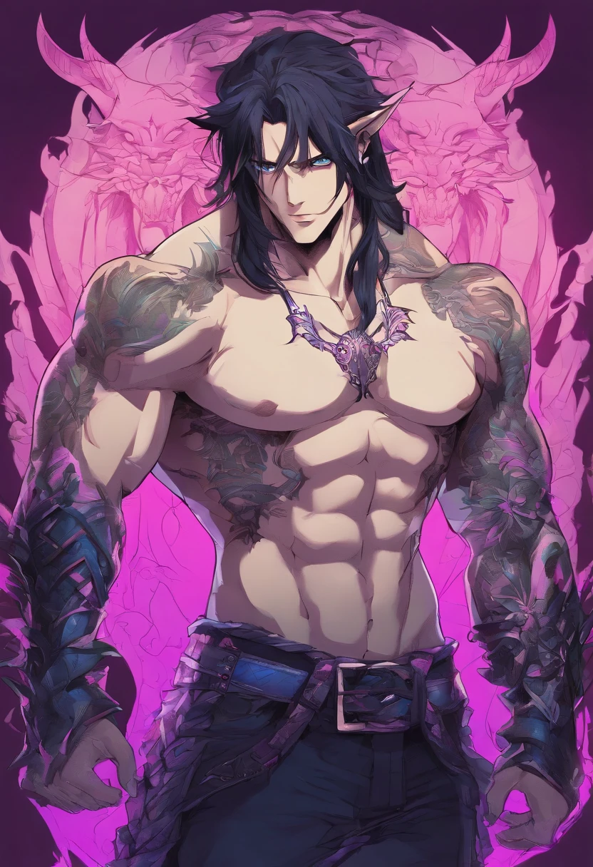 (((1boy))) (male) ((front view)) ((facing viewer))
Handsome, very detailed flawless face, detailed open blue eyes, very handsome, epic, heroic, pale skin, shaved.
(muscular) bodybuilder, ((big muscles)), ((large pectorals)), narrow waist, ((Very, very long hair, in a mullet cut, purple and blue gradient)),
seductive smile, Realistic face, realistic eyes, topless, mismatched pupils, Swear,
((((Almost naked)))), illidan, beast horns, full body, muscular legs, beefy ass, pubic hair, fender,
Highly detailed art, dramatic volumetric light, artstation, beautiful modern illustration, ((anatomically correct)).