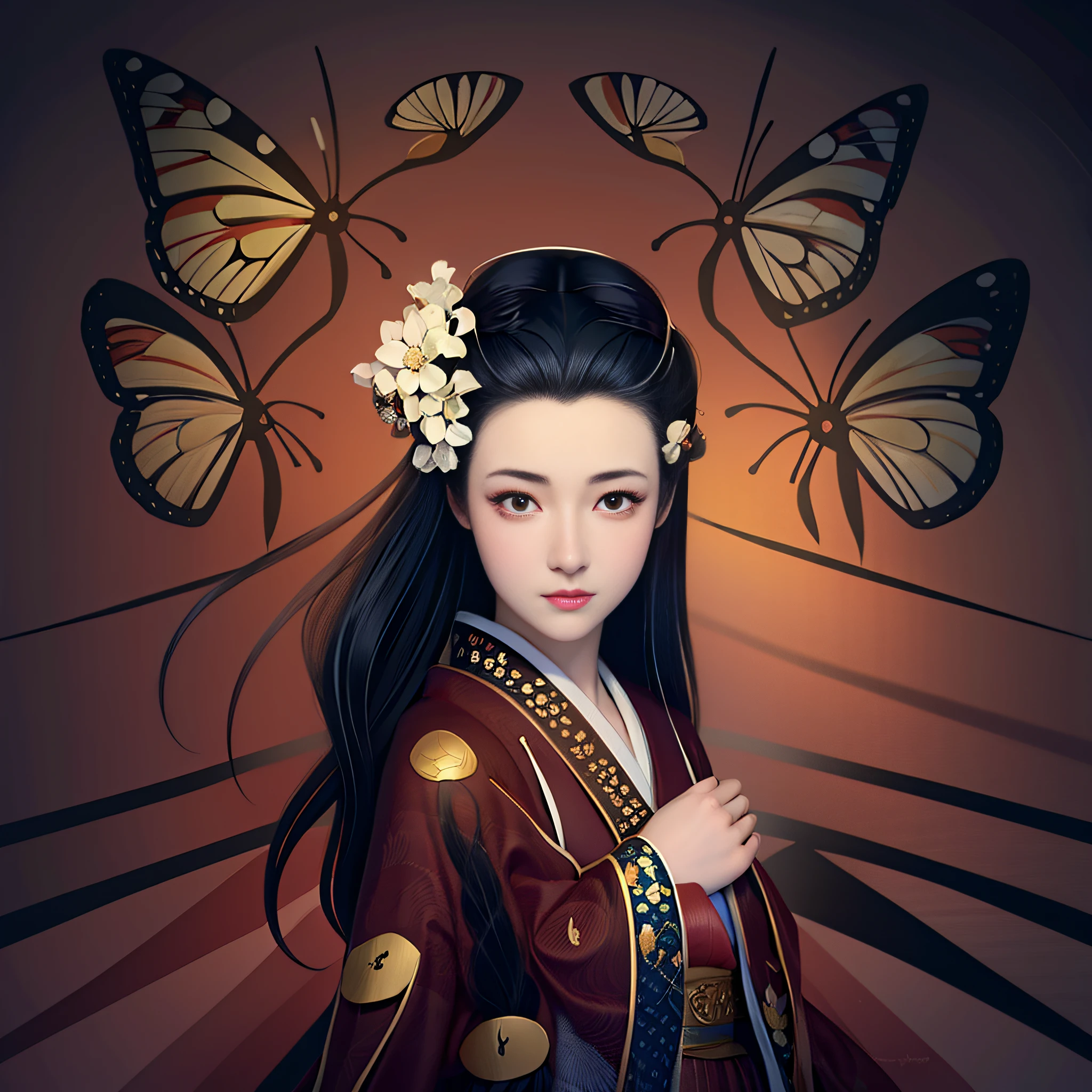 There is a woman with a butterfly in her hair, japanese art style, in illustration style digital, a beautiful artwork illustration, Gueixa da beleza, Retrato de uma gueixa bonita, female geisha girl, gueixa japonesa, No estilo de arte de Ukiyo - E, inspired by Itō Shinsui, Retrato da gueixa, exquisite digital illustration.