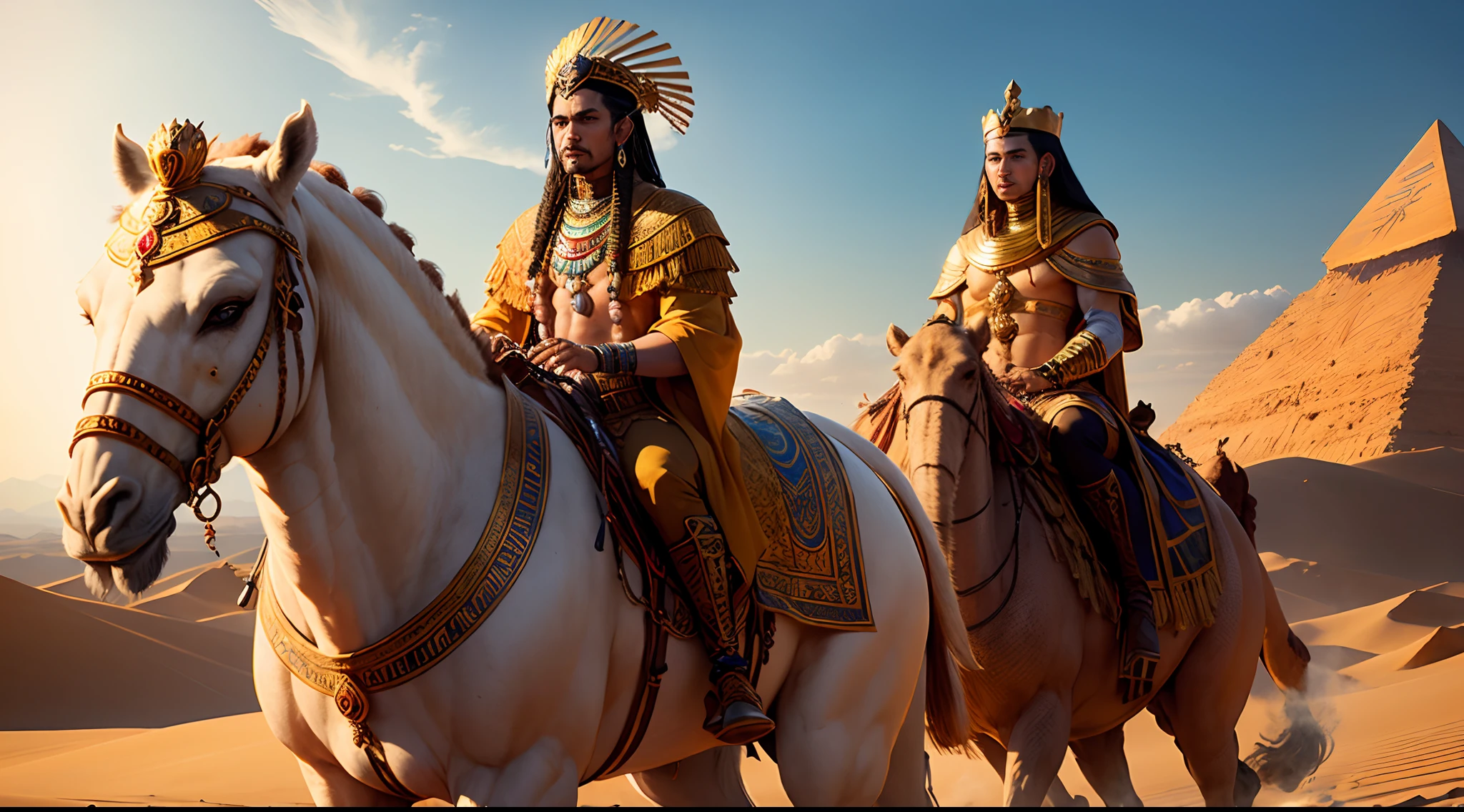 a man,wealthy man,the richest man in ancient Egypt,riding a camel,camel's reins in hand,desert,glorious desert landscape,sand dunes stretching to the horizon,sun-kissed,sandstorm brewing in the distance,egyptian pyramid,grandeur and majesty,pyramid's towering silhouette,gleaming gold and precious jewels,opulent robes,brightly colored garments,exotic patterns and intricate embroidery,jewelry sparkling in the sunlight,royal headdress,feathered crown,breath-taking views,opulence and extravagance,eye-catching royal carriage,pulling the carriage with majestic ease,dusty, golden haze,intricately decorated saddle,on the man's camel,strong and sturdy camel,black, piercing eyes of the camel,arching neck,artistically crafted tattoos,adornment and jewelry,exotic and rare treasures,celebrating wealth and prosperity,vibrant colors,rich and opulent,regal posture and demeanor,historical splendor,heirlooms and artifacts,[ancient egypt]