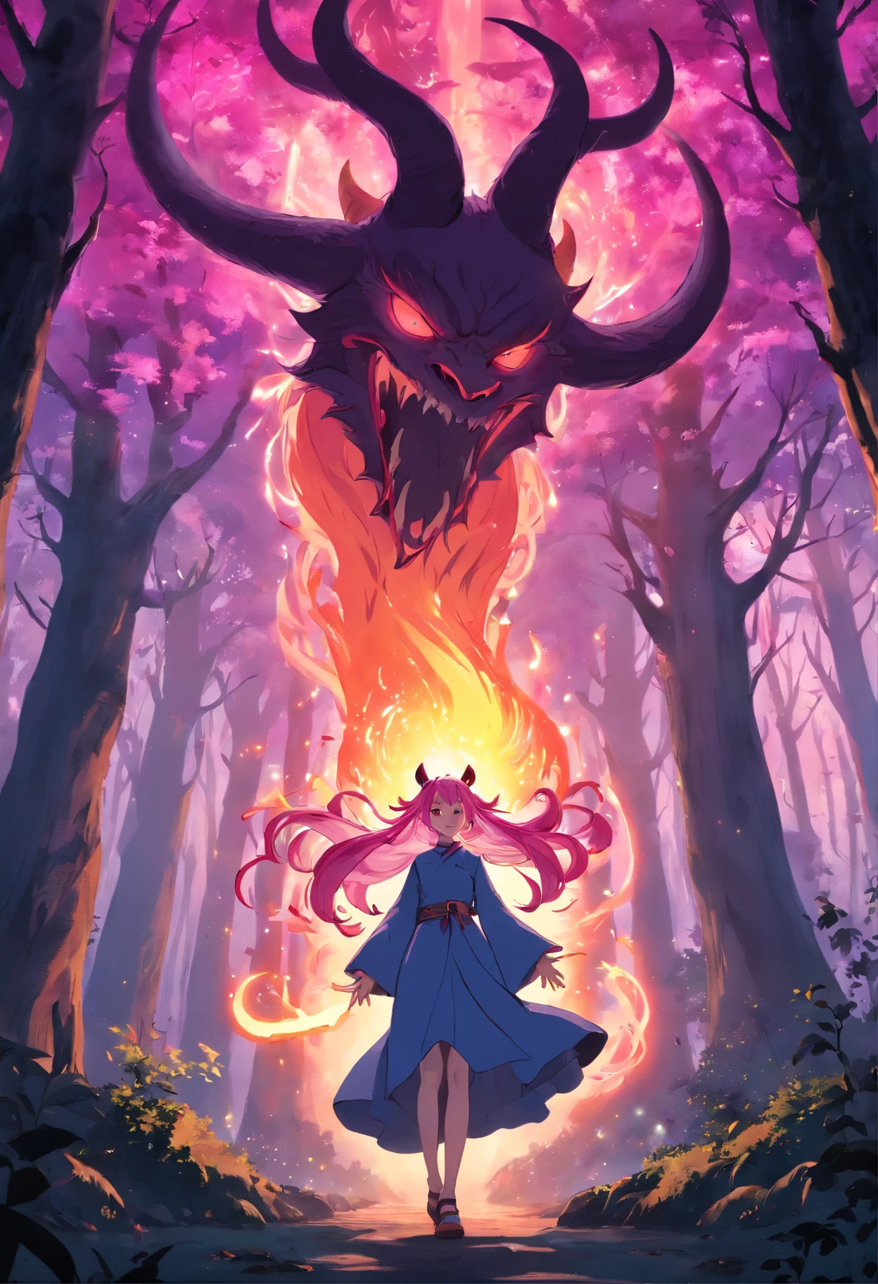 (a pink-haired demon woman,spells:1.1,glowing:1.1)(illustration)(best quality,ultra-detailed,realistic:1.37),demonic witch(demonic:1.1)(magic:1.1)(forest)(dark and mysterious,ominous atmosphere),casting powerful spells,creating magical energy(magic:1.1),vibrant pink hair(swirling pink hair)(flowing pink hair),horns(devil horns:1.1),piercing red eyes,enchanted scepter(magical scepter),elaborate dark robe,glowing magical sigils,fiery embers swirling(magical embers:1.1)(glowing embers),magical aura(glowing aura),eerie shadows,otherworldly presence(presence),sinister smile,nightfall in the background(dark night:1.1)(moonlit forest),lush and dense foliage(twisted trees)(mystical plants:1.1),mystical particles(swirling particles)(floating particles),ethereal glow(ethereal:1.1)(soft glow),faint moonlight breaking through the trees,haunting and captivating(scary atmosphere),bewitching beauty,wide range of colors(vivid colors)(contrasting colors),mystical realm,impressive details,dynamic composition,mesmerizing artwork,photorealistic style(picasso style),impressive shading and lighting,explosive energy,magical atmosphere(fantasy atmosphere),dreamlike scene