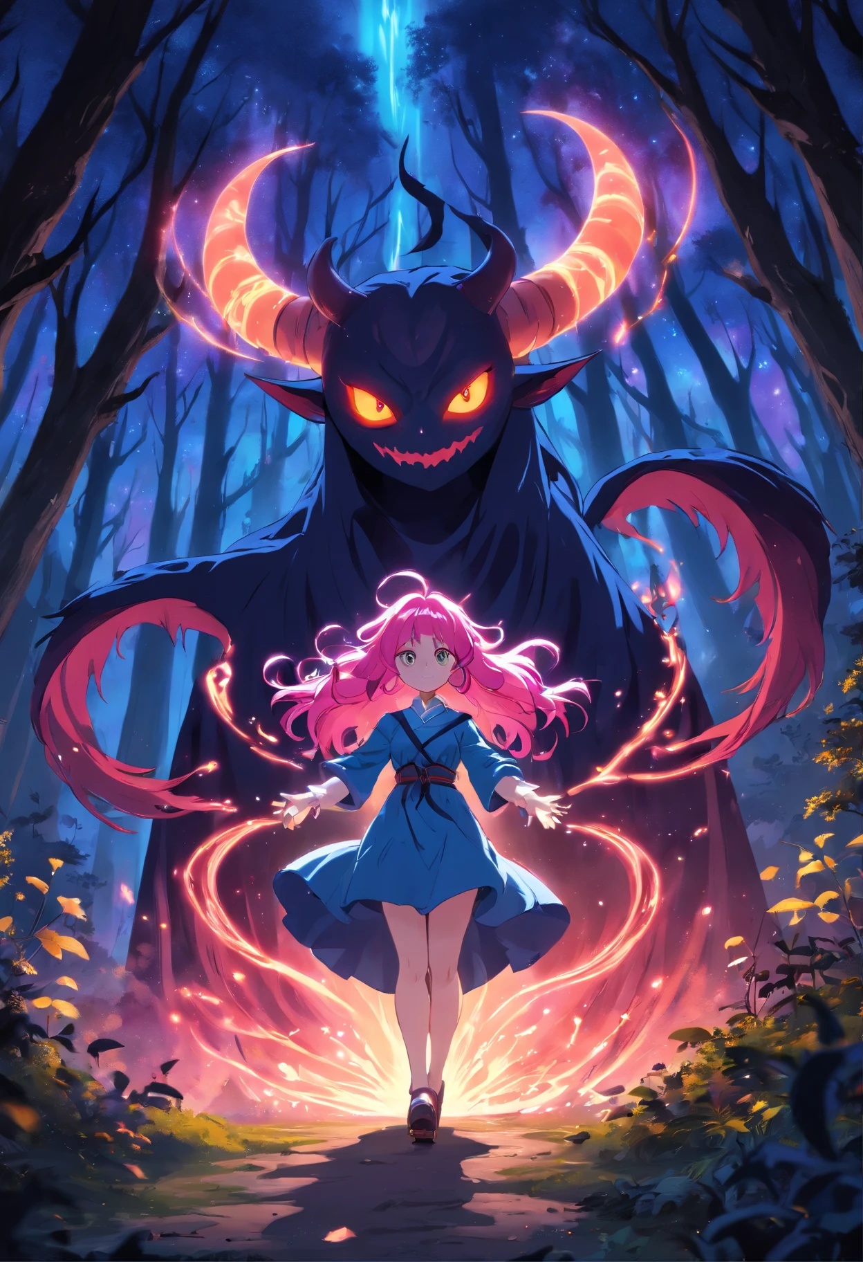 (a pink-haired demon woman,spells:1.1,glowing:1.1)(illustration)(best quality,ultra-detailed,realistic:1.37),demonic witch(demonic:1.1)(magic:1.1)(forest)(dark and mysterious,ominous atmosphere),casting powerful spells,creating magical energy(magic:1.1),vibrant pink hair(swirling pink hair)(flowing pink hair),horns(devil horns:1.1),piercing red eyes,enchanted scepter(magical scepter),elaborate dark robe,glowing magical sigils,fiery embers swirling(magical embers:1.1)(glowing embers),magical aura(glowing aura),eerie shadows,otherworldly presence(presence),sinister smile,nightfall in the background(dark night:1.1)(moonlit forest),lush and dense foliage(twisted trees)(mystical plants:1.1),mystical particles(swirling particles)(floating particles),ethereal glow(ethereal:1.1)(soft glow),faint moonlight breaking through the trees,haunting and captivating(scary atmosphere),bewitching beauty,wide range of colors(vivid colors)(contrasting colors),mystical realm,impressive details,dynamic composition,mesmerizing artwork,photorealistic style(picasso style),impressive shading and lighting,explosive energy,magical atmosphere(fantasy atmosphere),dreamlike scene