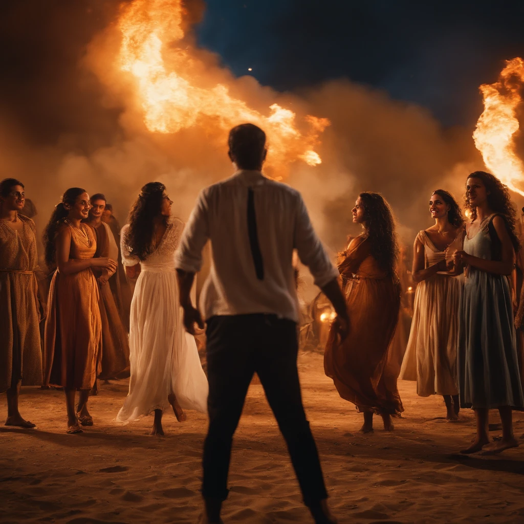 Crie uma imagem de um homem velho, of biblical times, com dois anjos o acompanhando, next to this man two beautiful young women and behind everyone, fireballs falling from the sky, destruindo uma cidade em chamas, essa imagem deve ser realista, como de cinema, cena de final dos tempos