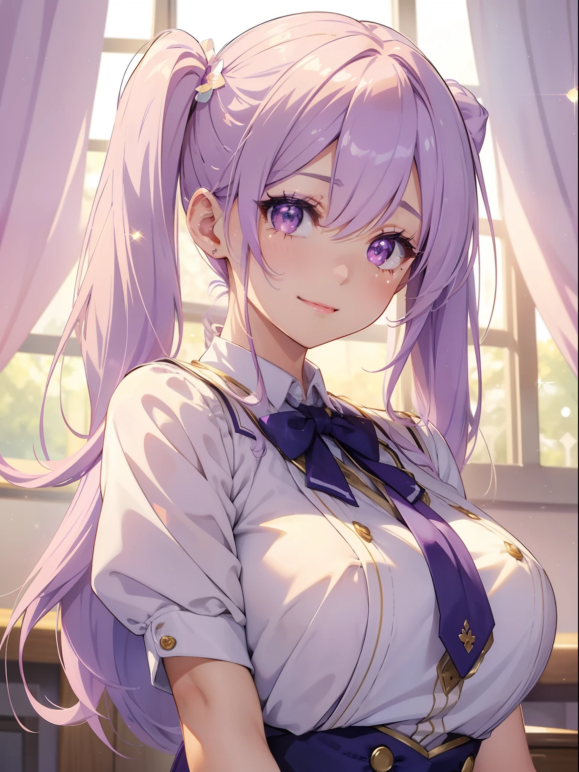 masutepiece, High resolution, 8K, anime woman, Delicate and detailed writing 、Detailed digital illustration、(((Straight pigtail)))、Shiny hair、Bangs、a very beautiful woman、Eyes are double, Large, (((Bust is an A cup)))、High image quality, High quality、Detailed background、(((Cute uniform in white and lilac color)))、((Beautiful blue sky and school background))、The inside of the eye shines like a diamond、Light purple hair、Gradient pupil、(((2 arms、4 fingers, 1 thumb)))、Detailed female face、Very beautiful and cute woman、、细致背景、​masterpiece、Soft Focus , Bright gradient watercolor , Lens Flare , (((Glitter))) , Glow , Dreamy , Light Purple Ribbon、Very Beautiful Light Purple Rose Hair Accessories、Light purple and gold uniform with white as the main color、、yawning being、Big smile、Morning background、rainbows、(School Uniforms:1.2)
