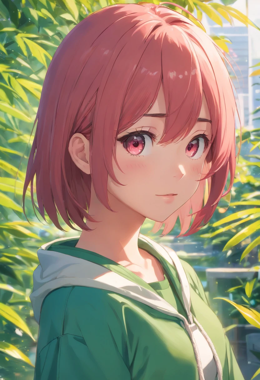 melhor qualidade, obra prima, uma imagem super realista, ultra detalhada, pele com textura realista, 4K分辨率, obro prima, fotografia profissional, Make a realistic image of a 20-year-old girl with straight red hair and bangs, de olhos verdes, bonita e rosto meigo, usando uma blusa branca justa ao corpo com casaco cardigam primavera outono na cor rosa chiclete por cima,