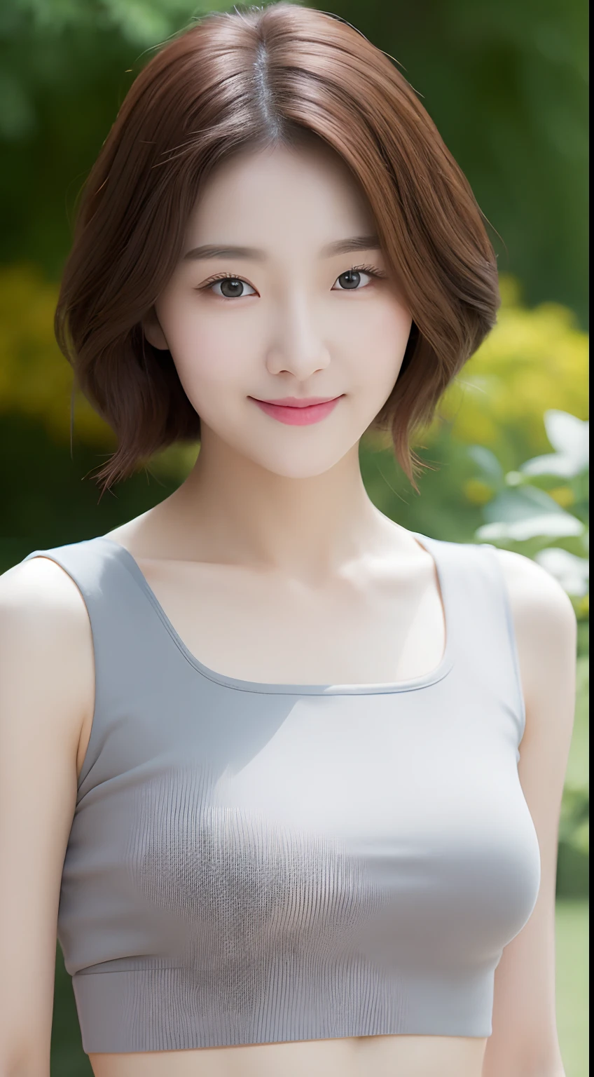 Realistic photos of 1 cute Korean actress, hair over shoulder, White skin, thin makeup, Bust size 32 inches, slightly smile, Wearing gray crop top, in the village garden, close-up portrait, UHD