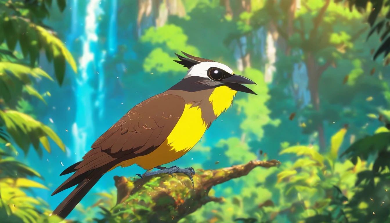 The Brave Great Kiskadee Against the Menacing Hawk
In a lush forest where tall trees touched the sky and streams sang gentle melodies, there lived a small great kiskadee bird named Valente. He was known for his bright yellow plumage and courageous heart.