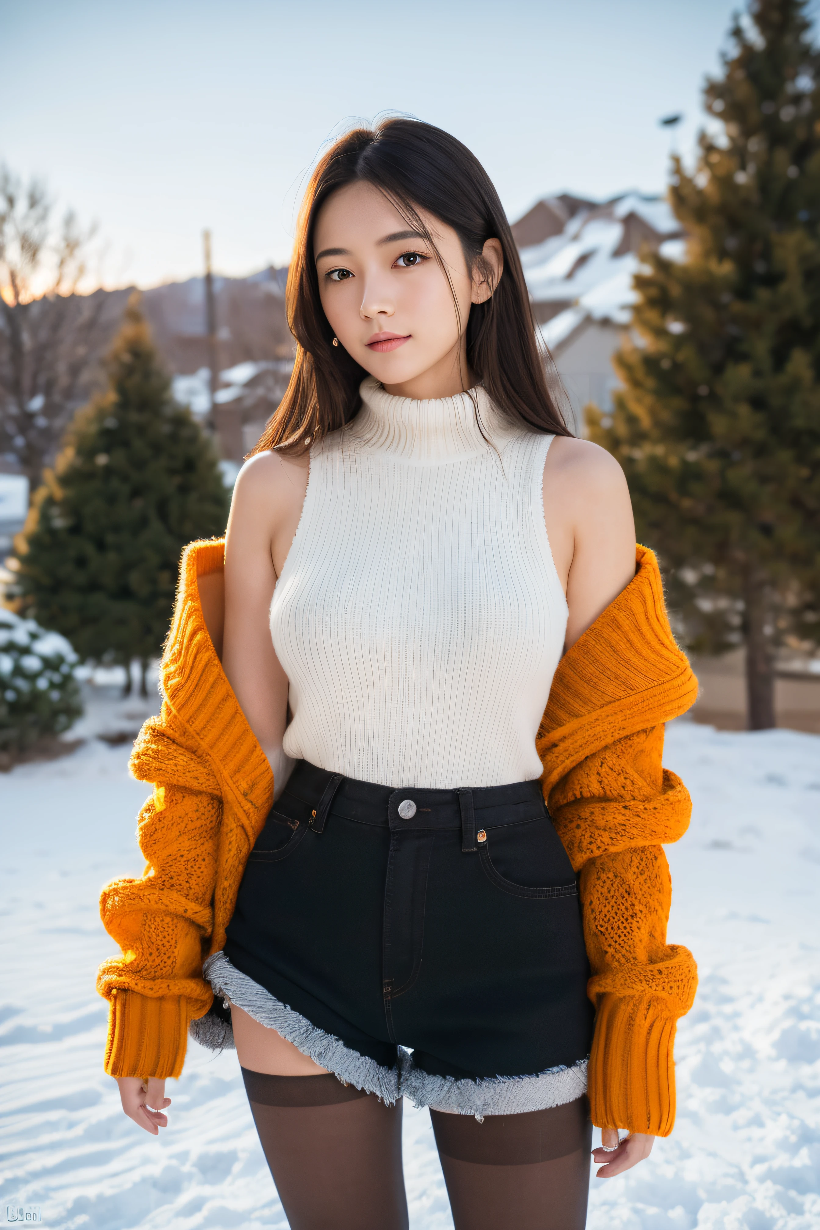 (RAW photo) Winters，snow landscape，a girl wearing an orange shoulder-length sweater and black shorts，medium breasts, long hair, lacepantyhose, white underwear, Random color，long sweater，depth of fields，Real light，Ray traching，OC renderer，UE5 renderer，Hyper-realistic，best qualtiy，8K，Works of masters，super-fine，Detailed pubic hair，Correct ???????.