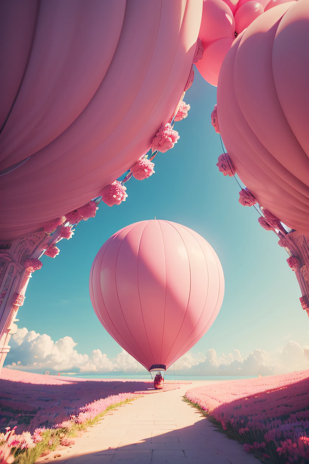 There is a pink and white arch,With balloons and benches, Roses are style, pink landscape, Dream Scenes, Looking at the pink ocean, 3 d render stylized, 3D rendering stylized, surreal 3 d render, bubbly scenery, surreal dream landscape, 3 d stylize scene, stylized as a 3d render, dreamy atmosphere and drama