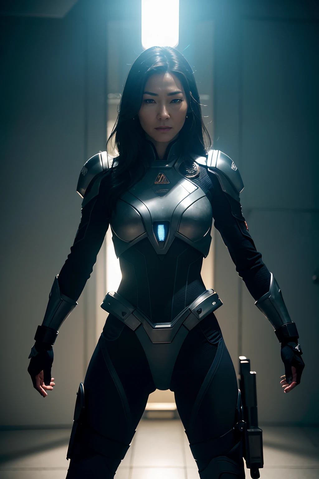 Michelle Yeoh as a spaceship captain commanding a crew, glowing lights, (dynamic pose), (hyper realistic:1.4), (realistic:1.3), (best quality real texture skin), full body, (Cinematic Light), highly detailed skin, skin pores, (highly detailed face:1.1), (highly detailed eyes:1.1), realistic pupils, (perfect anatomy:1.1), (perfect proportions:1.1), (photography:1.1), (photorealistic:1.1), volumetric lighting, dynamic lighting, real shadows, (highres:1.1), sharp focus, daylight, (realistic, hyperrealistic:1.4), intricate, high detail, dramatic, subsurface scattering, big depth of field, vivid, polished, sharpened, ((full Sharp)), (extremely absurdres),8k hdr