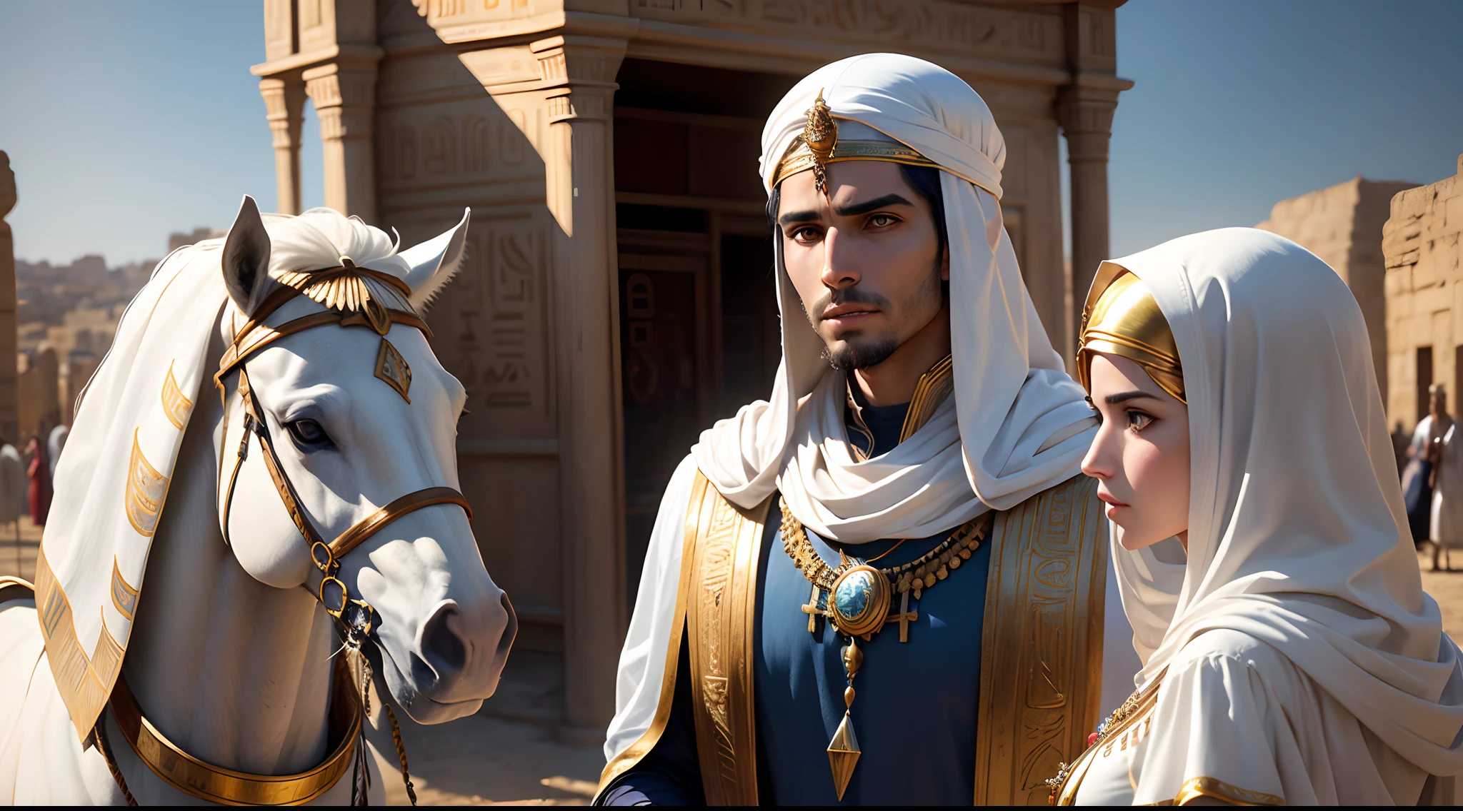 Homem de 30 anos, Beleza Hebreia, biblical story, Joseph of Egypt, rosto muito bonito, olhos castanhos , white egyptian clothes with blue details, gold necklace on neck, sitting in an Egyptian carriage with two white horses, strolling through the Egyptian city. , sem brincos, cabelos curtos, alto detalhe, biblical story,: epic realistic, Soft cinematic portrait, Adobe Lightroom, photographic lab, altamente detalhado, (cores claras: 1,2), (HDR: 1,4) , (cores suaves:1.2), hiperdetalhado, (art-station:1.4), cinemactic, luzes quentes, dramatic light, (detalhes intrincados:1.1), fundo egito antigo , melhor qualidade,obra-prima.