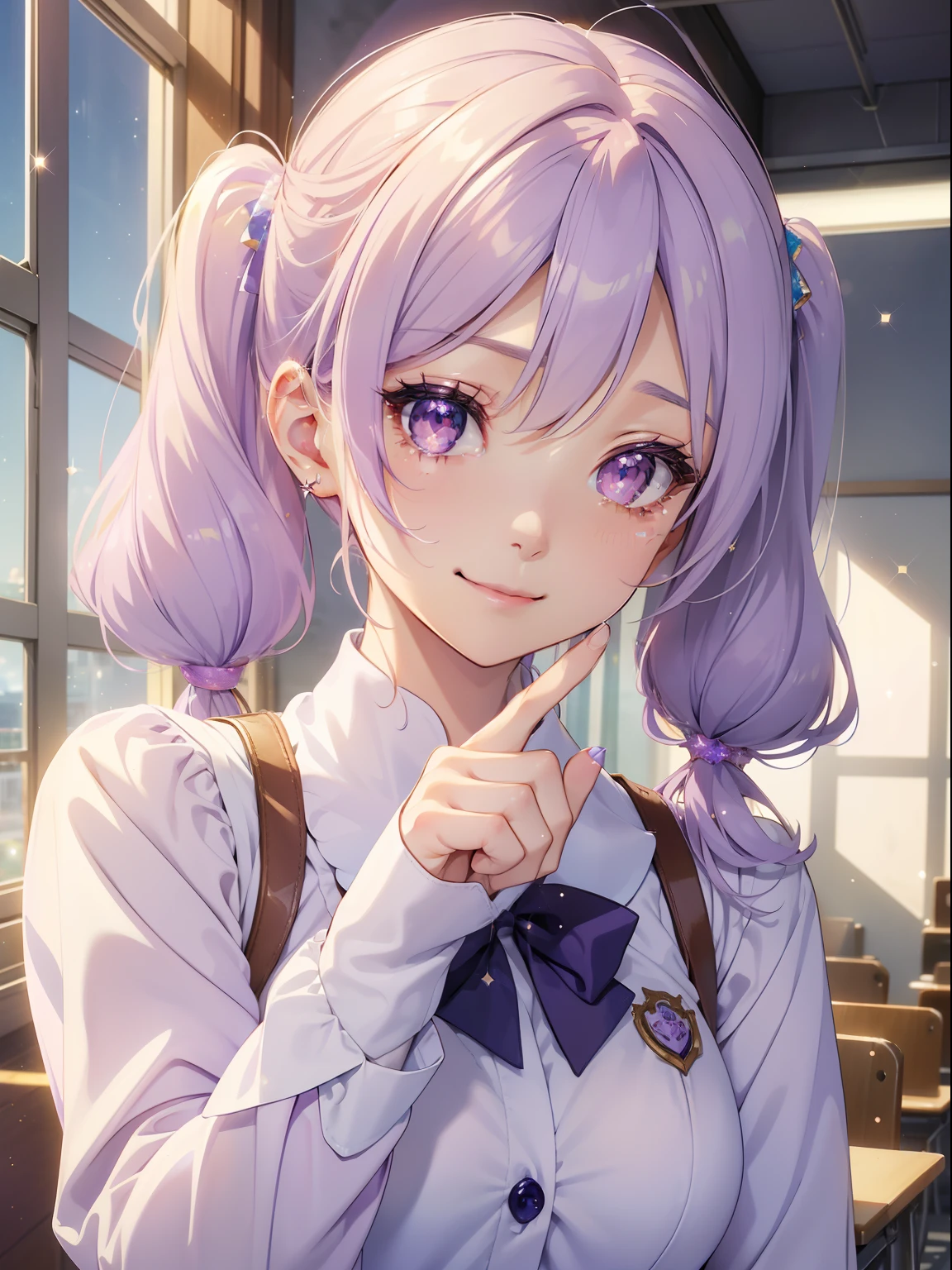 masutepiece, High resolution, 8K, anime woman, Delicate and detailed writing 、Detailed digital illustration、(((Straight pigtail)))、Shiny hair、Bangs、a very beautiful woman、Eyes are double, Large, (((Bust is an A cup)))、High image quality, High quality、Detailed background、(((Cute uniform in white and lilac color)))、((Beautiful blue sky and school background))、The inside of the eye shines like a diamond、Light purple hair、Gradient pupil、(((2 arms、4 fingers, 1 thumb)))、Detailed female face、Very beautiful and cute woman、、细致背景、masterpiece、Soft Focus , Bright gradient watercolor , Lens Flare , (((Glitter))) , Glow , Dreamy , Light Purple Ribbon、Very Beautiful Light Purple Rose Hair Accessories、Light purple and gold uniform with white as the main color、、yawning being、Big smile、Morning school background、rainbows、(School Uniforms:1.2)