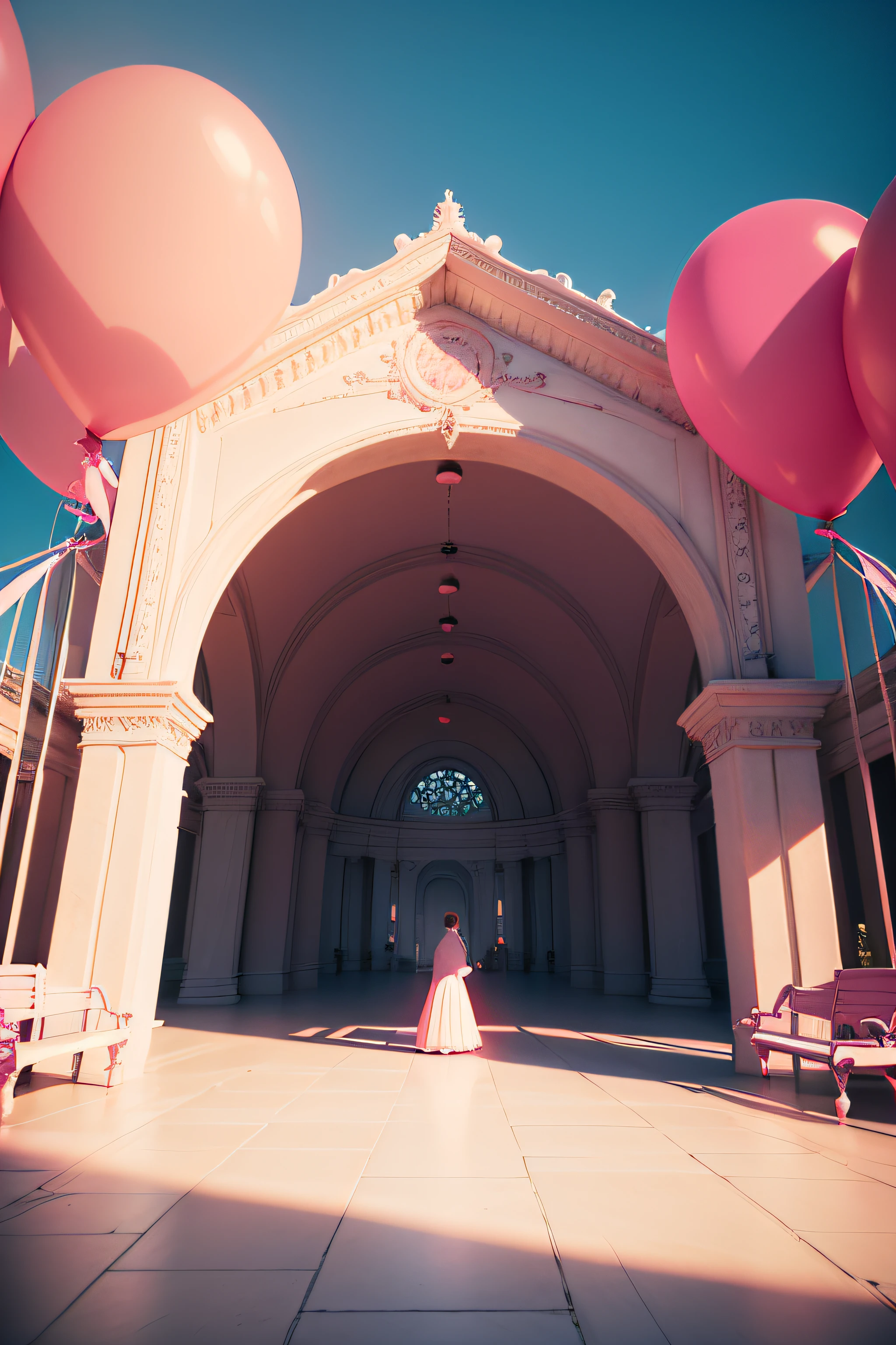 There is a pink and white arch,With balloons and benches, Roses are style, pink landscape, Dream Scenes, Looking at the pink ocean, 3 d render stylized, 3D rendering stylized, surreal 3 d render, bubbly scenery, surreal dream landscape, 3 d stylize scene, stylized as a 3d render, dreamy atmosphere and drama