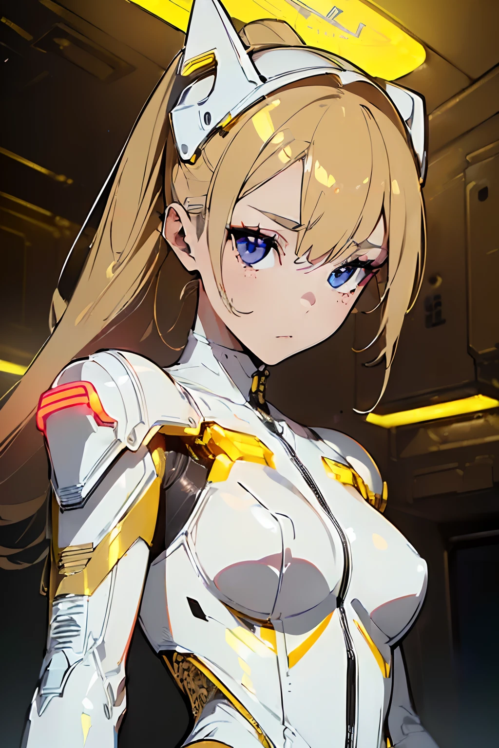 (masterpiece), best quality, (((in hyper realistic and detailed golden lines neon-lit sci-fi plugsuit white armor, aethereal aesthetic style))) beauty korean idoll, intricate perfect beauty face, detailed sharp eyes, hyper realistic and detailed hair, (((from face to the waist))), (((beauty shape))), masterpiece, 4k, UHD