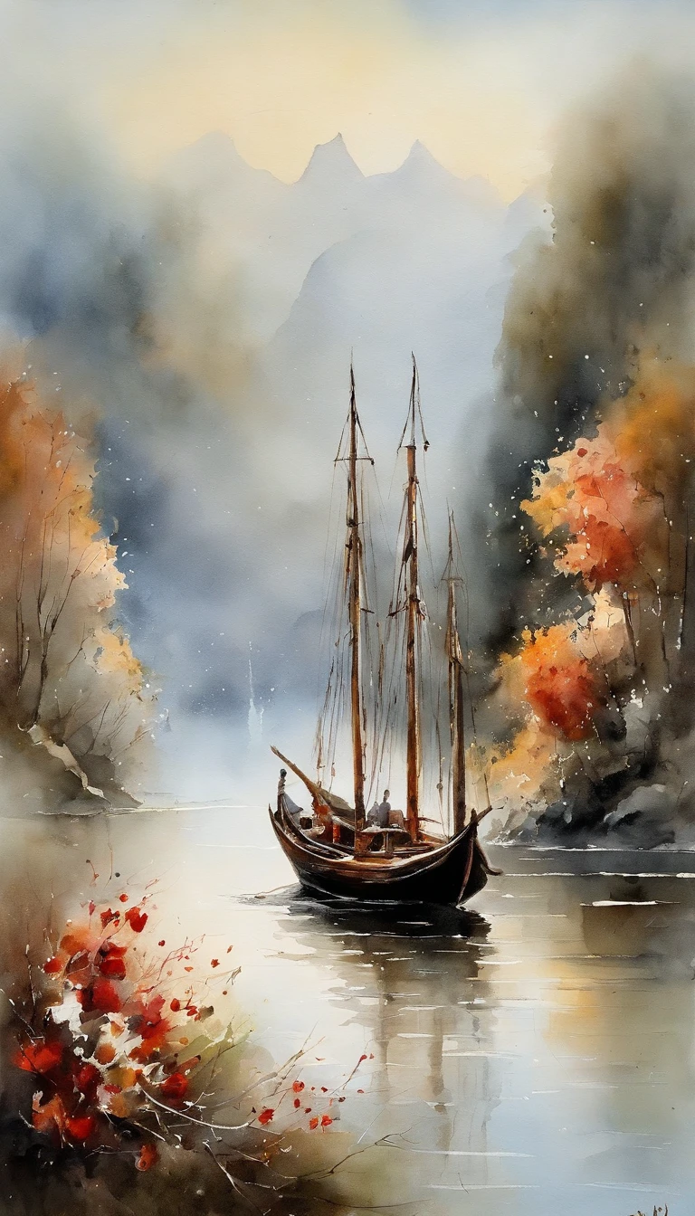 Landscape painting,ink and watercolor painting,water ink,ink,Smudge,Faraway view,Ultra-wide viewing angle,Meticulous,Light boat in the distance,Faraway view,Meticulous,Pomegranate tree,Smudge,low-saturation,Low contrast,The light boat has crossed the Ten Thousand Heavy Mountains,Beautifully depicted,A detailed,acurate,Works of masters,tmasterpiece