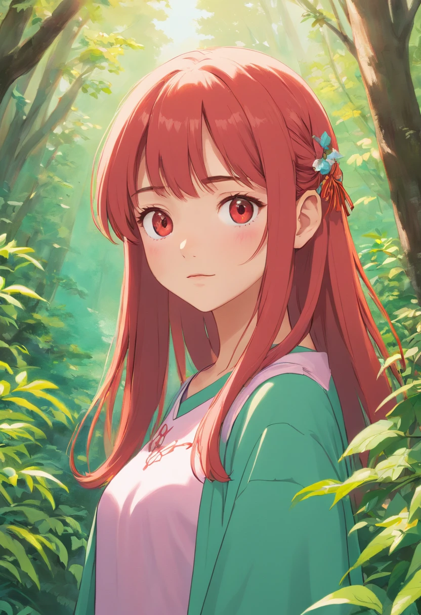 melhor qualidade, obra prima, uma imagem super realista, ultra detalhada, pele com textura realista, 4K分辨率, obro prima, fotografia profissional, Make a realistic image of a 20-year-old girl with straight red hair and bangs, de olhos verdes, bonita e rosto meigo, usando uma blusa branca justa ao corpo com casaco cardigam primavera outono na cor rosa chiclete por cima,
