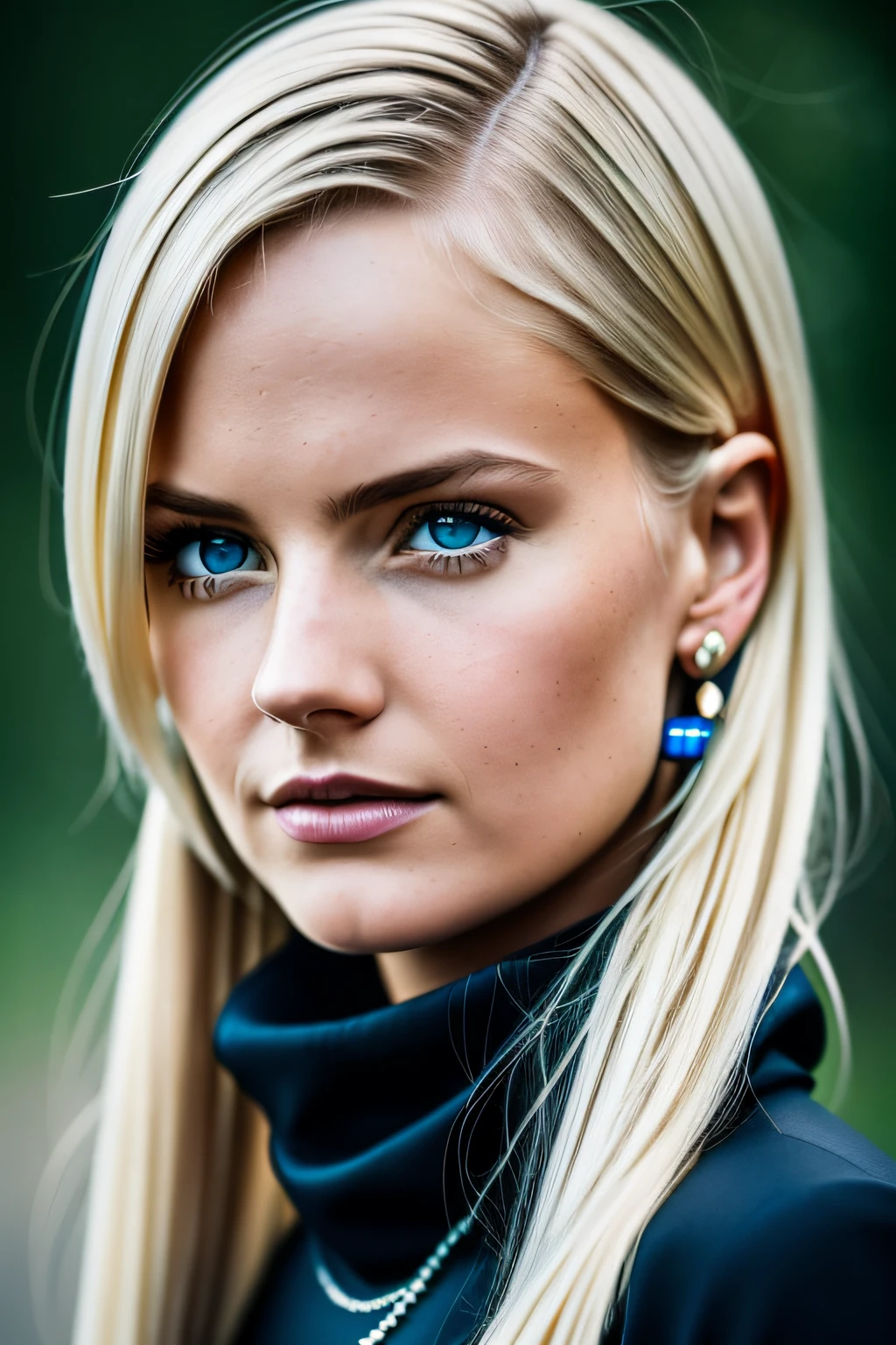 Slender, young, short blonde hair, blue eyes, in town, natural skin texture, 24mm, 4K textures, soft cinematic light, RAW photography, photorealistic, photorealistic, complex, elegant, highly detailed, sharp focus, (((cinematic look))), calm Tone, Insane Detail, Complex Detail, Ultra Detail, High Contrast, Soft Cinematic Light, Dim Colors, Exposure Blending, HDR, Faded, Cold, Waist Thin, Well-Proportioned, (8k, 4k, Top Quality, Hi-Res: 1.1), (Realistic, Photorealistic: 1.1), Girl 1 People, Solo, Face, Twin Tails, Blonde Hair, Bangs, Long Hair, Necklace, Earrings, Lips, Eye Shadow, Jewelry, (Viewer Looking For: 1.8), Spaghetti Straps, Detail, High Contrast, from_side, srfc, stunning complex full color portrait, wearing black turtleneck, spectacular character composition, by Ilya Kubushinov, Alessio Albi, Nina Masic, sharp focus, natural light, sub-surface scatter, f2, 35mm, film grain completely naked