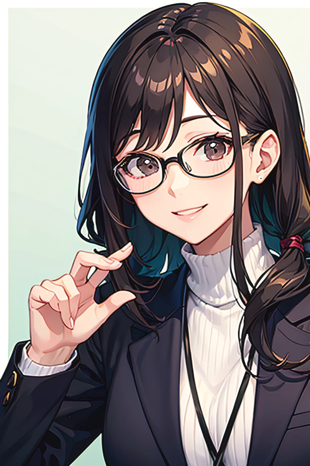 adult lady、wears glasses、a smile、clever