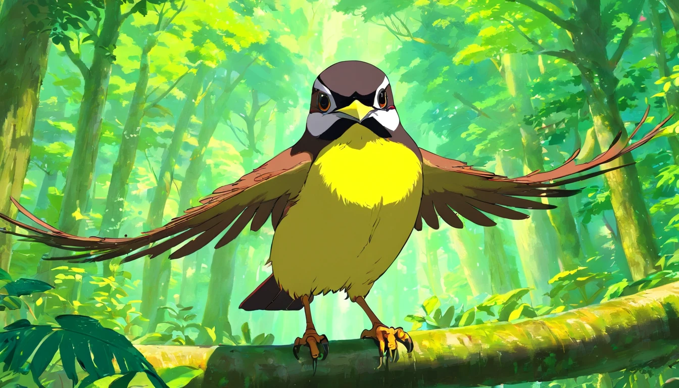 The Brave Great Kiskadee Against the Menacing Hawk

In a lush forest where tall trees touched the sky and streams sang gentle melodies, there lived a small great kiskadee bird named Valente. He was known for his bright yellow plumage and courageous heart.