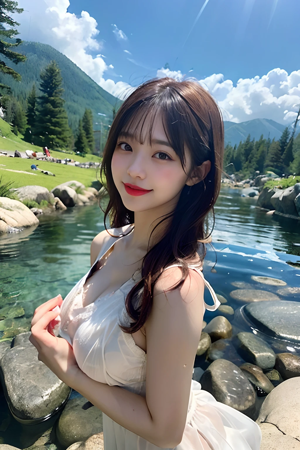 Japan Solo Idol,Pretty girl,A smile that makes the viewer happy,Dojo Character.Light brown and orange two-tone shorthair,Floating hair,Unkempt hair,Red cheeks,red lipsticks.Wet and sheer summer white dress,),(Sunlight,In the deep mountains,Rock,Snowmelt,Crystal clear water,Beautiful clear stream,)Bend over to play in the water.emphasized large swaying breasts,(The whole body is soaking wet,Soaking wet costumes ,wetting hair,Wet face,a wet body,Wet and glowing skin,)(Chest swaying from side to side:1.3), (masutepiece,top-quality,Ultra-high resolution output image,)