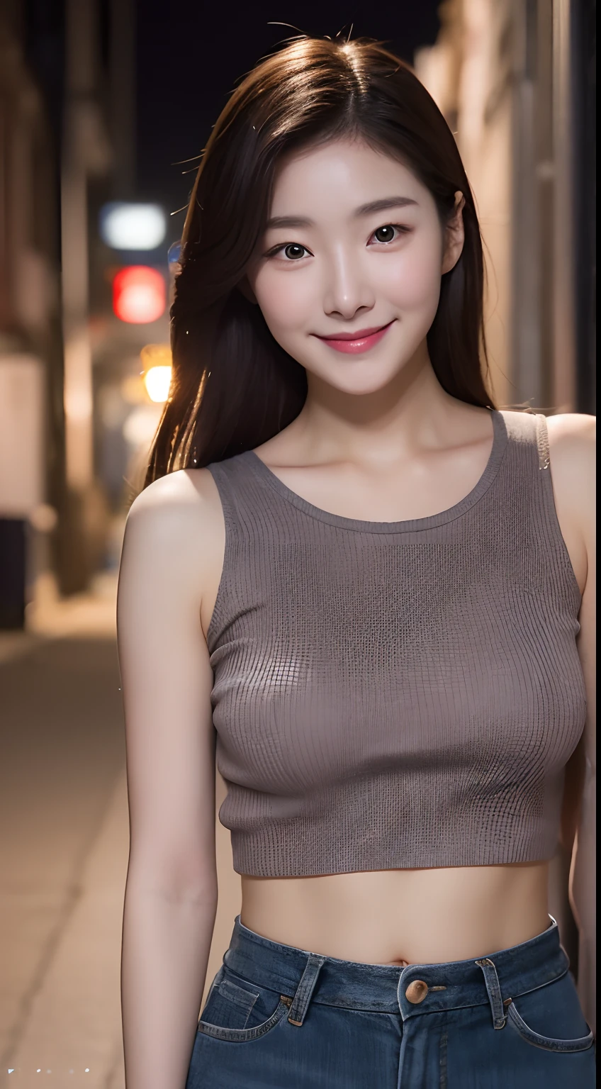 Realistic photos of 1 cute Korean actress, hair over shoulder, White skin, thin makeup, Bust size 32 inches, slightly smile, Wearing gray crop top, in the alley night, close-up portrait, UHD