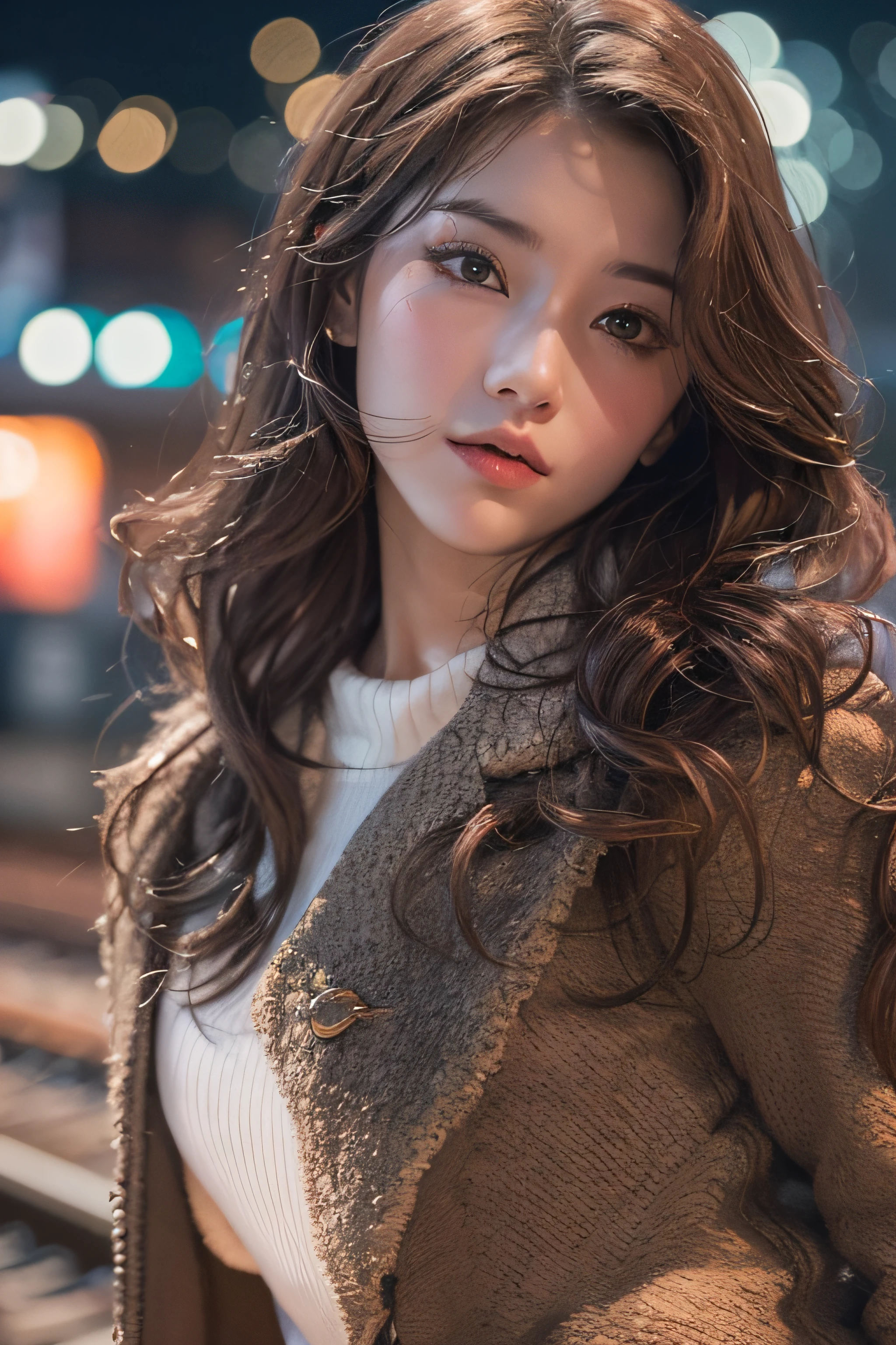 1womanl、Early 20s、(Strong-willed super beauty)、(ultra beautiful faces)、Wearing makeup、Wavy brown hair、a miniskirt、Standing on the station platform in the big city at night、Background is a stationary train、Shallow depth of field