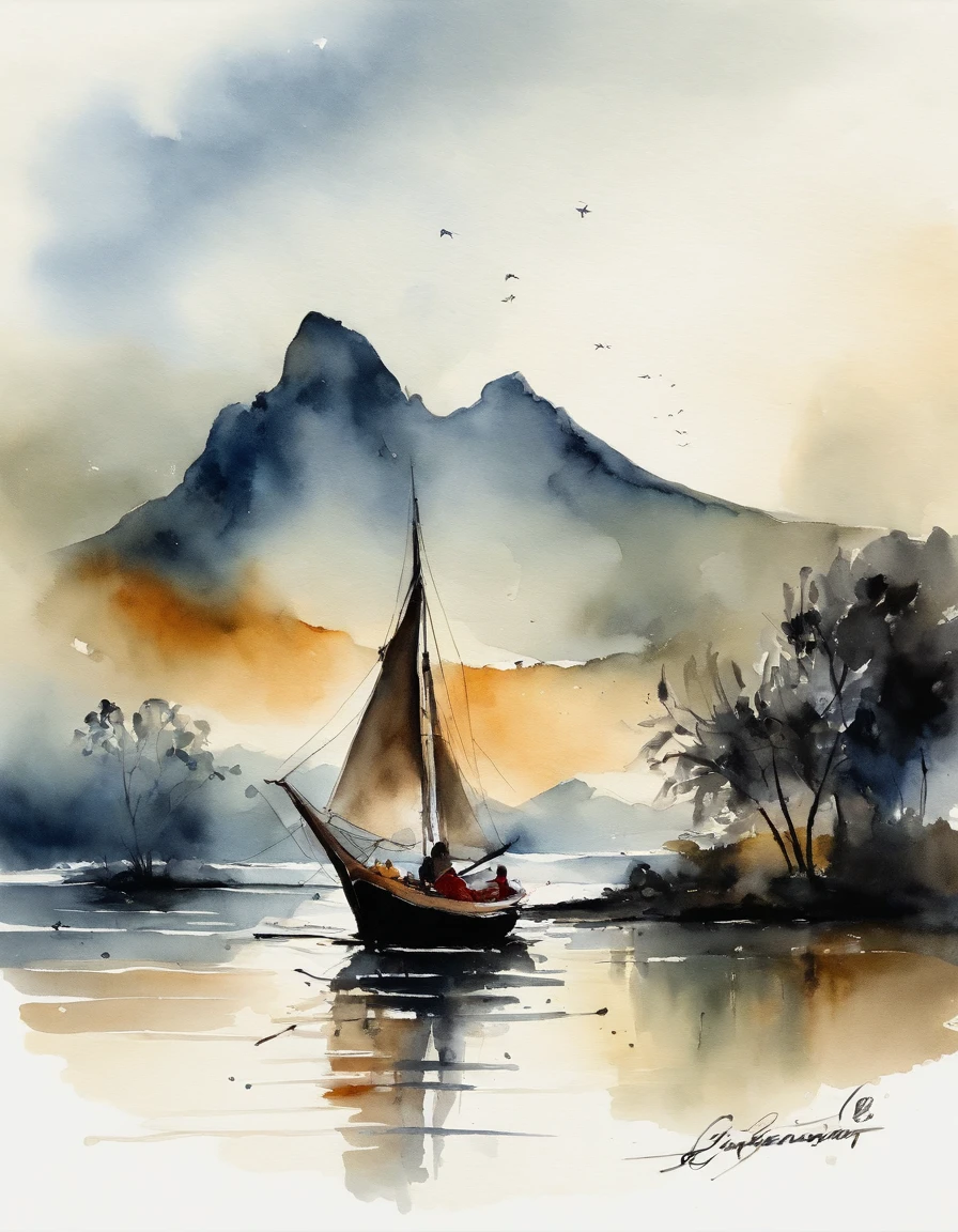 Landscape painting，ink and watercolor painting，water ink，ink，Smudge，Faraway view，Ultra-wide viewing angle，Meticulous，Light boat in the distance，Faraway view，Meticulous，Smudge，low-saturation，Low contrast，The light boat has crossed the Ten Thousand Heavy Mountains，Beautifully depicted，A detailed，acurate，Works of masters，tmasterpiece