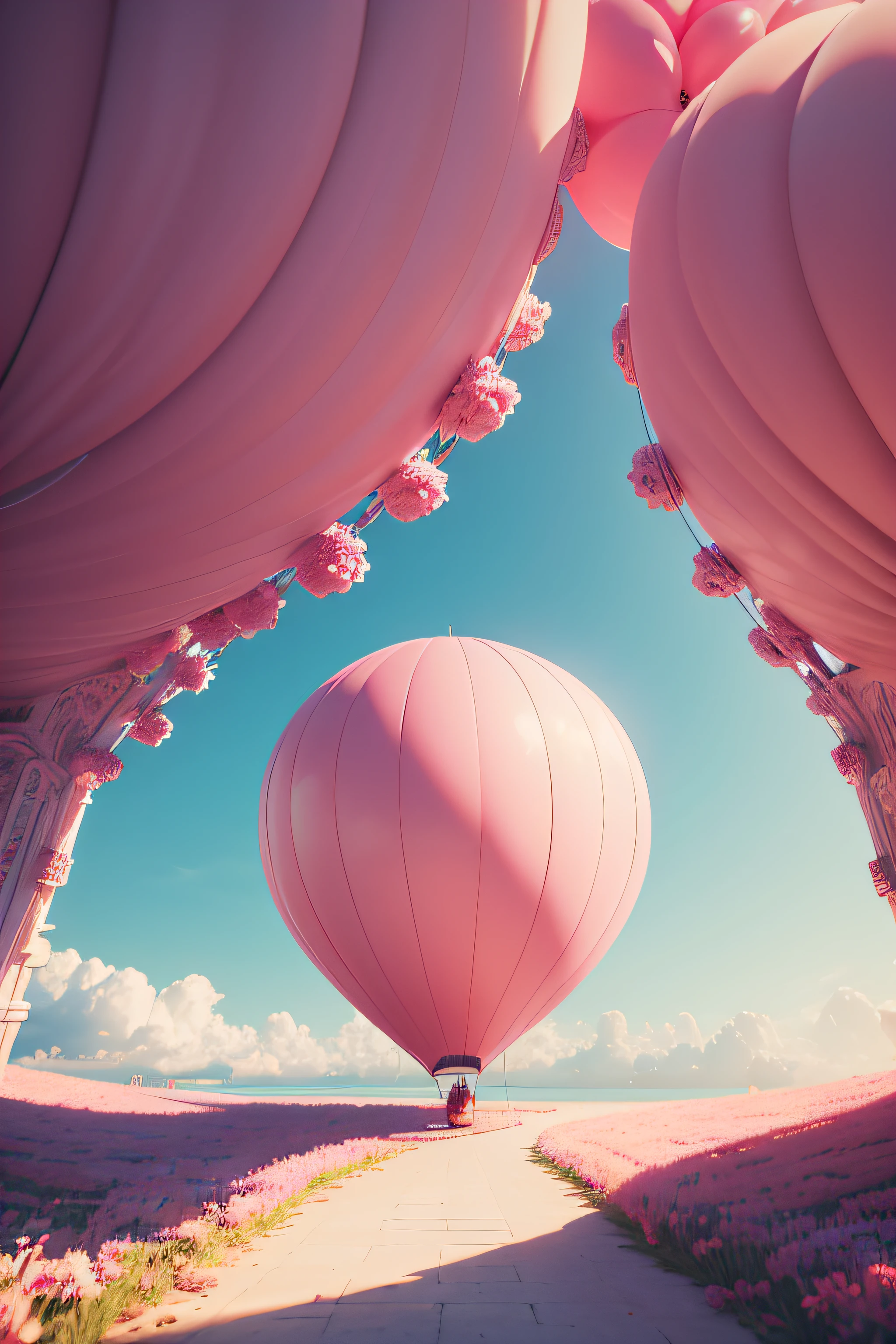There is a pink and white arch,With balloons and benches, Roses are style, pink landscape, Dream Scenes, Looking at the pink ocean, 3 d render stylized, 3D rendering stylized, surreal 3 d render, bubbly scenery, surreal dream landscape, 3 d stylize scene, stylized as a 3d render, dreamy atmosphere and drama